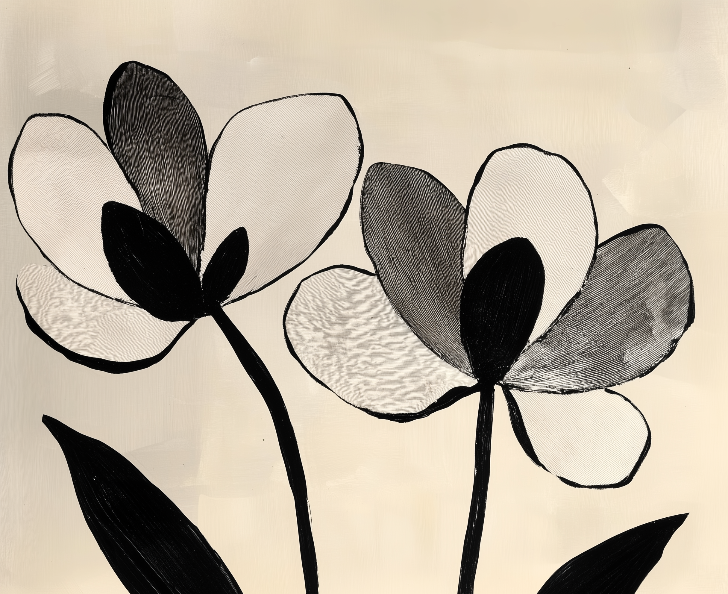 Artistic black and white drawing of two abstract flowers with large petals and pointed leaves on a beige background. The bold contrast and sketch-style texture make it visually appealing for design themes or educational projects.
