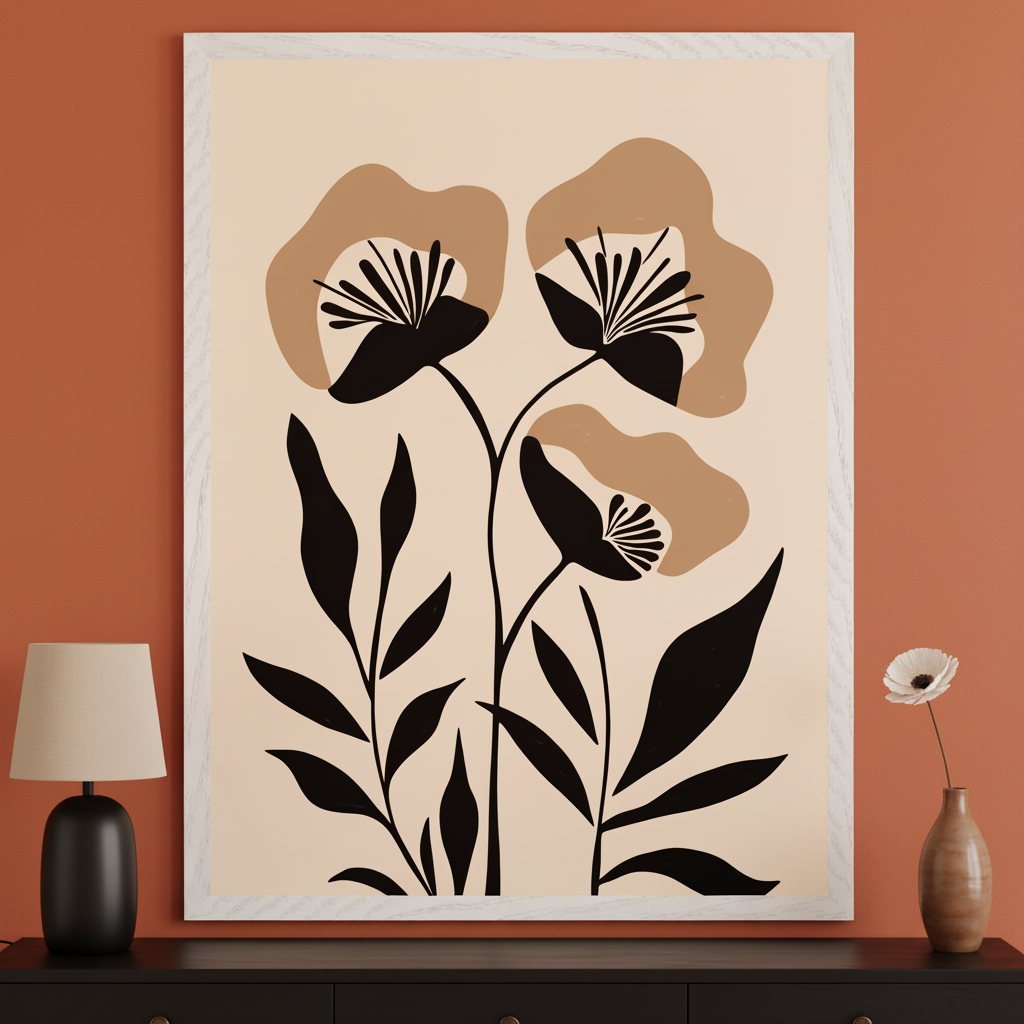 Modern room with a dark console. A large framed abstract botanical print with black flowers and beige shapes on a cream background hangs centered above the console. A lamp and a small vase with a white flower are on the console.