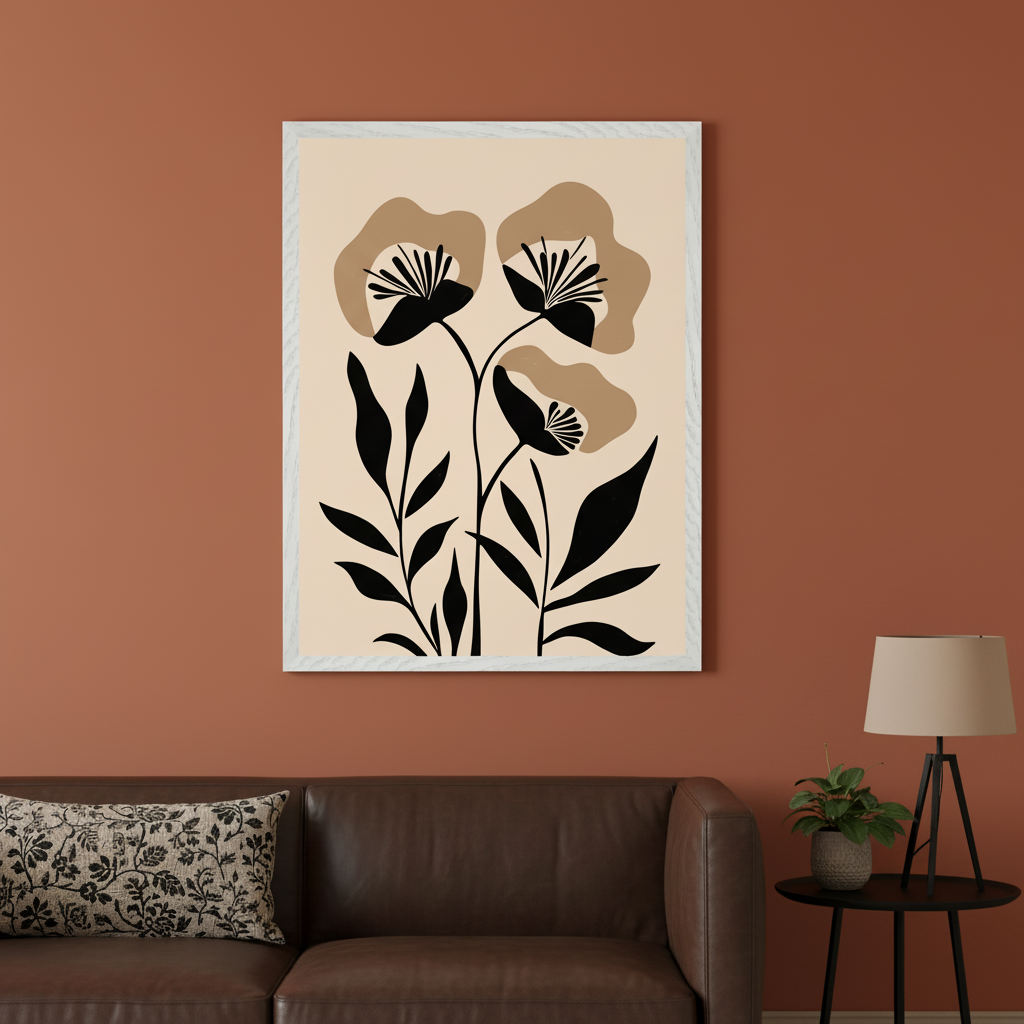 Living room with a brown leather sofa. A large framed minimalist floral artwork with black stems and tan/black flowers on a light background hangs centered above the sofa. A side table with a lamp and plant is on the right.