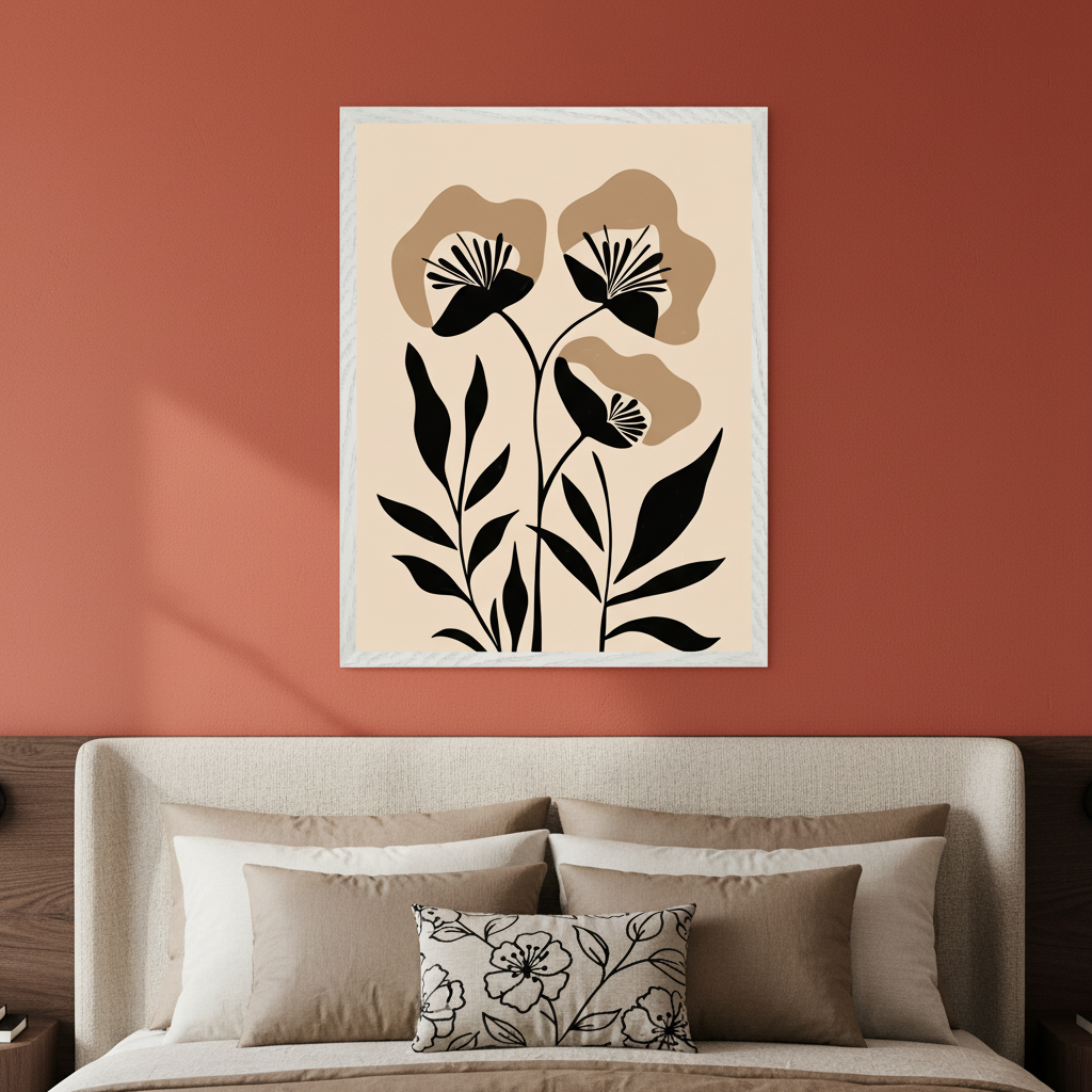 Modern bedroom with a beige upholstered bed and pillows. A framed abstract floral art print, featuring black flowers with brown petal shapes and black leaves on a light background, hangs centered above the bed on a terracotta wall.