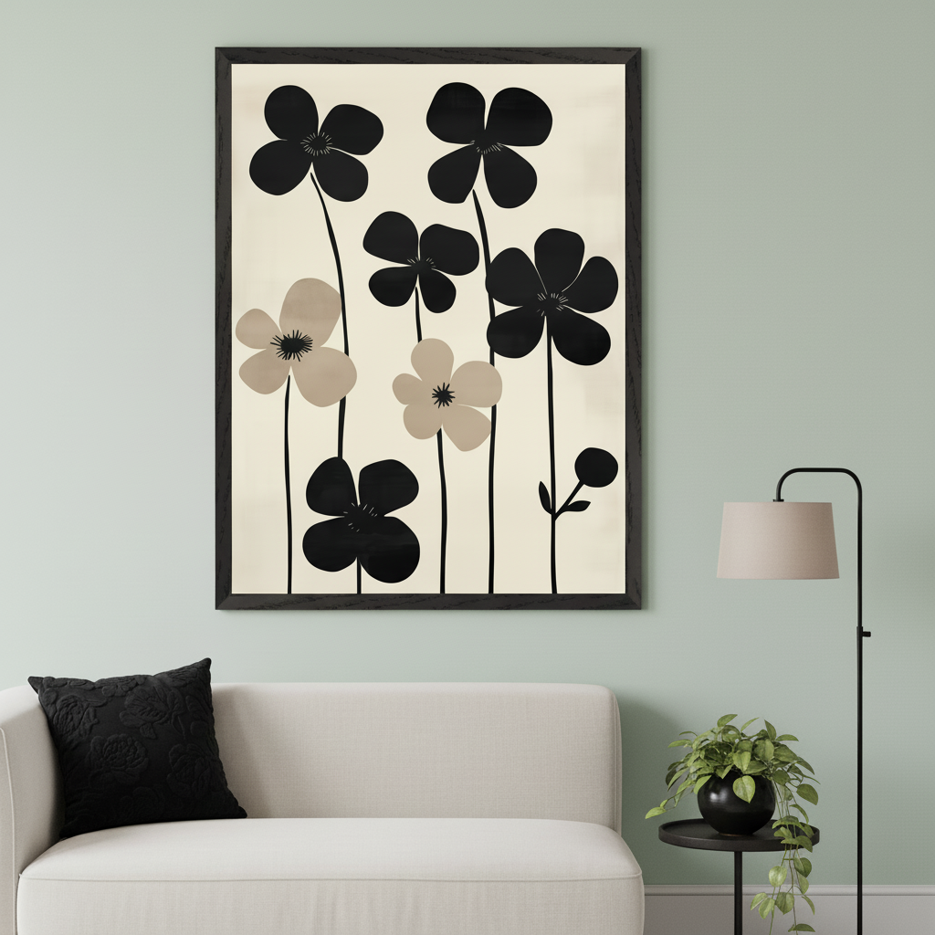 Modern living room with a white sofa and a black pillow. A large framed wall art with abstract black and beige flowers on a light background hangs above the sofa. A black floor lamp and a small table with a plant are to the right.