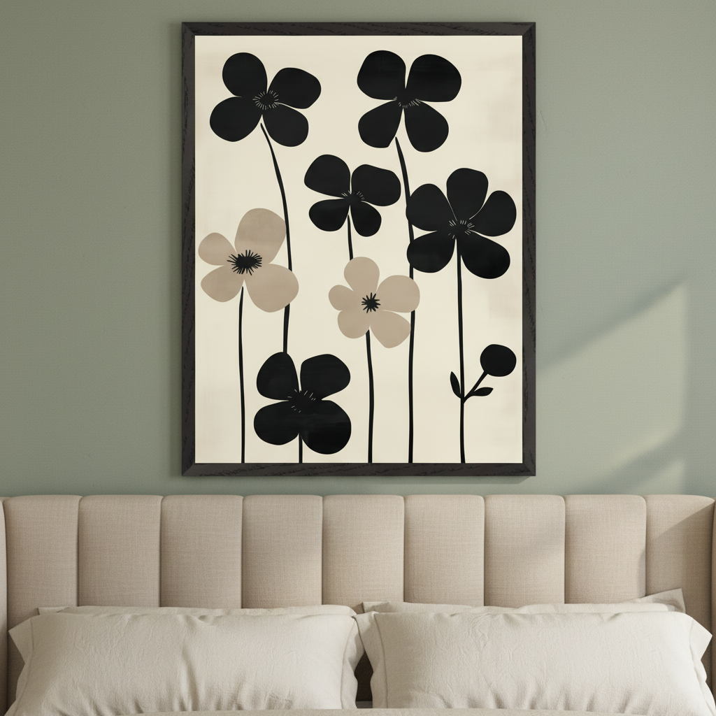 Modern bedroom with a light beige upholstered bed. A large framed print of abstract black and beige flowers with thin stems on an off-white background hangs above the headboard.
