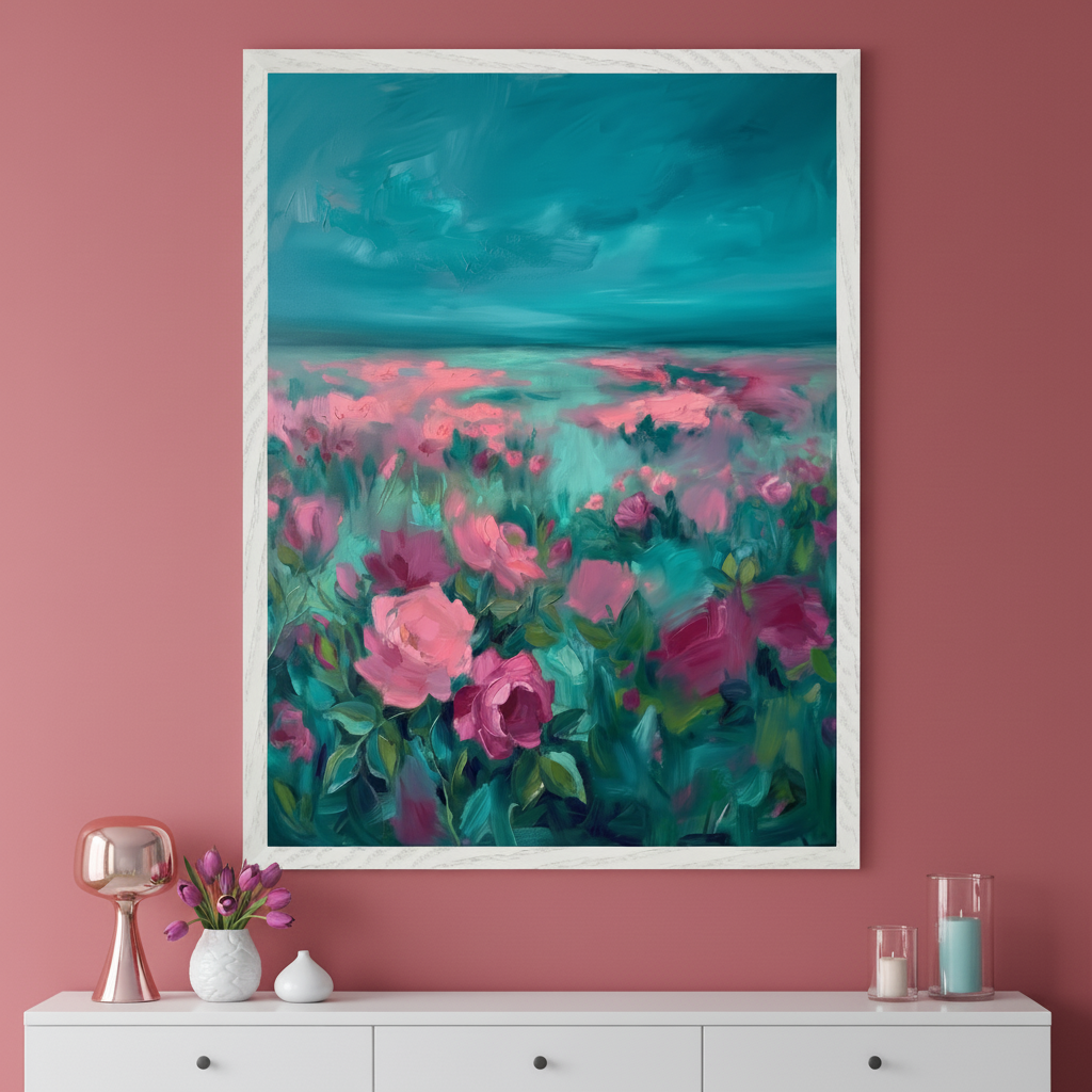 Modern room with a reddish-pink wall and a white console table. A large white-framed impressionistic painting of a field of pink flowers under a teal sky hangs centered above the table.