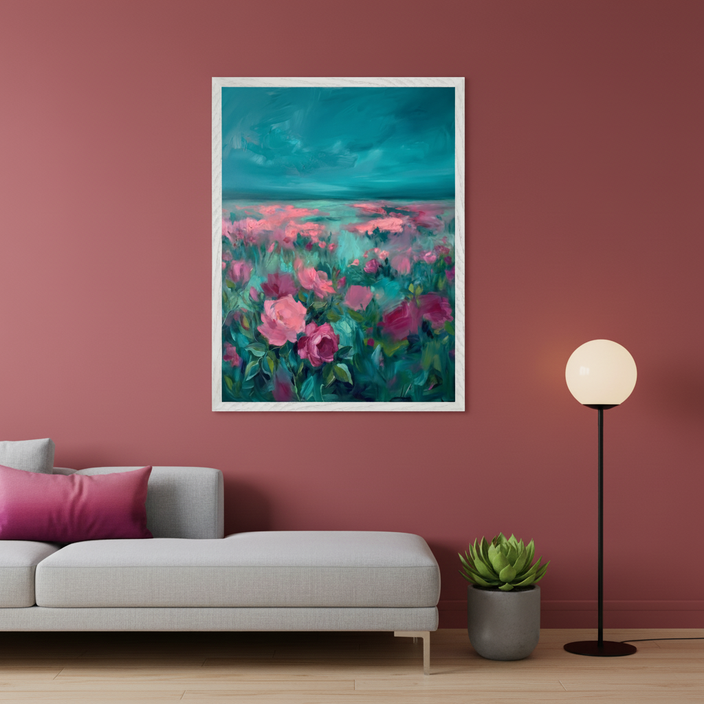 Modern living room with a gray sectional sofa, floor lamp, and potted succulent. A large framed abstract painting of pink flowers and a teal sky hangs above the sofa on a maroon wall.