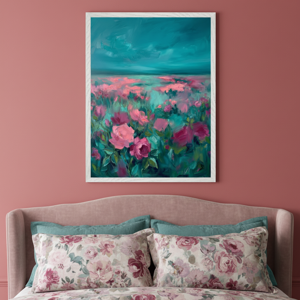 Contemporary bedroom with a pink velvet bed. A large vertical white-framed painting of a field of pink and fuchsia roses under a teal sky in an impressionistic style hangs centered above the bed.