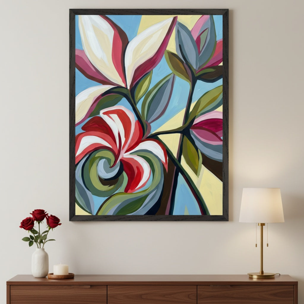 Modern living room with a dark wooden console table. A large framed abstract floral painting hangs centered above it, featuring vibrant red, white, pink, and green flowers and leaves against a blue and yellow background.