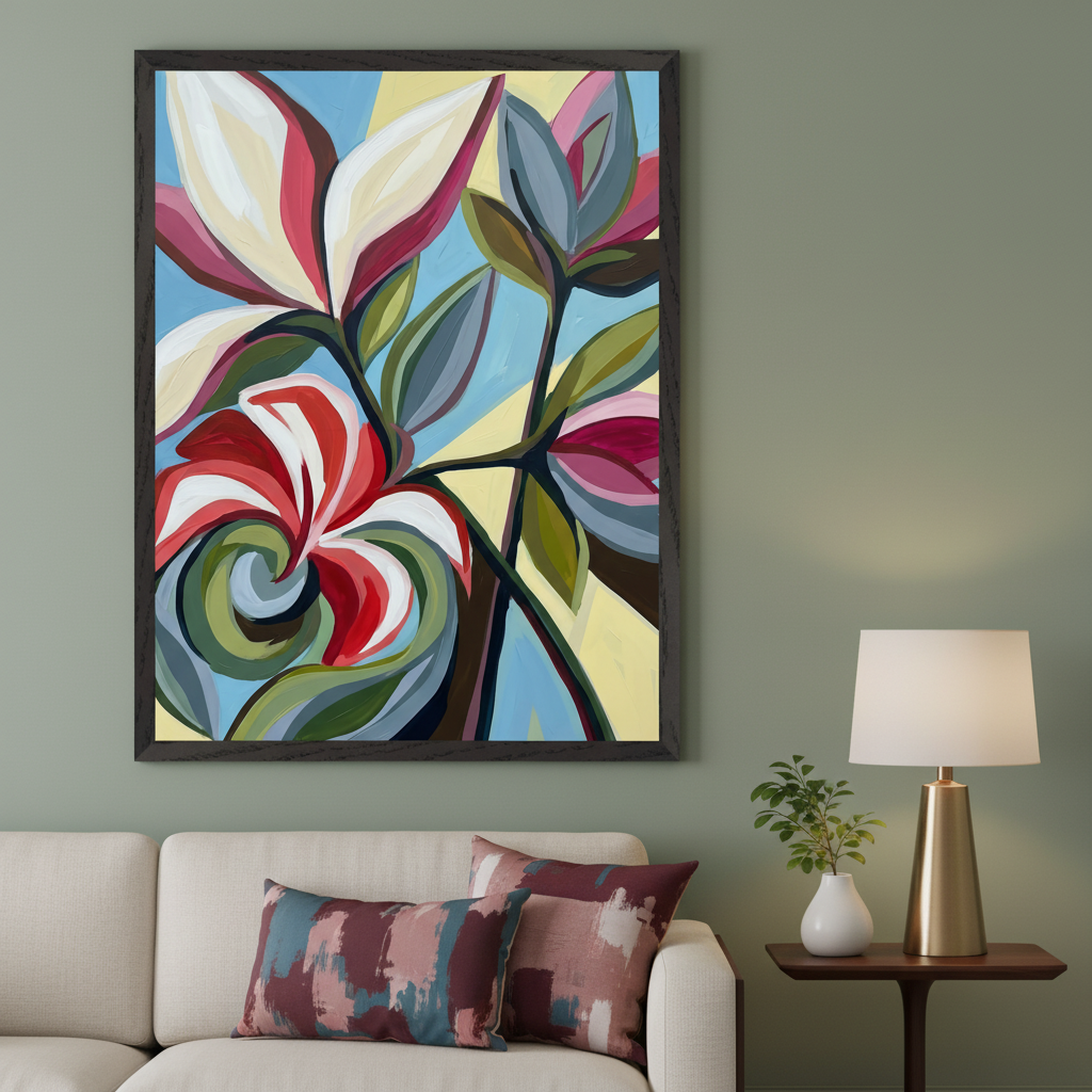 Modern living room with a light beige sofa. A large framed colorful abstract floral painting hangs above the sofa. A side table with a gold lamp is to the right.