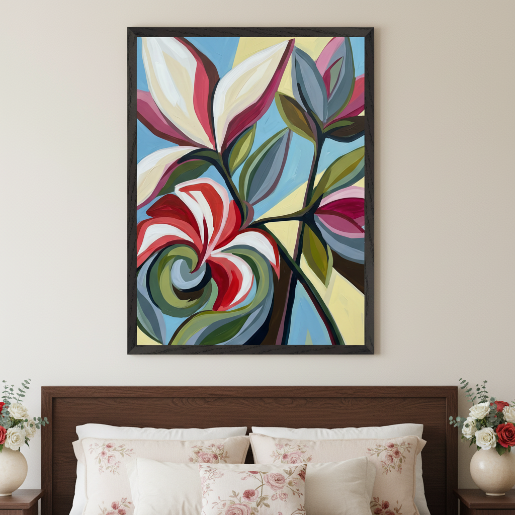 Bedroom with a dark wood headboard and floral pillows. A large framed abstract floral painting in red, white, green, blue, and yellow hangs centered above the bed.