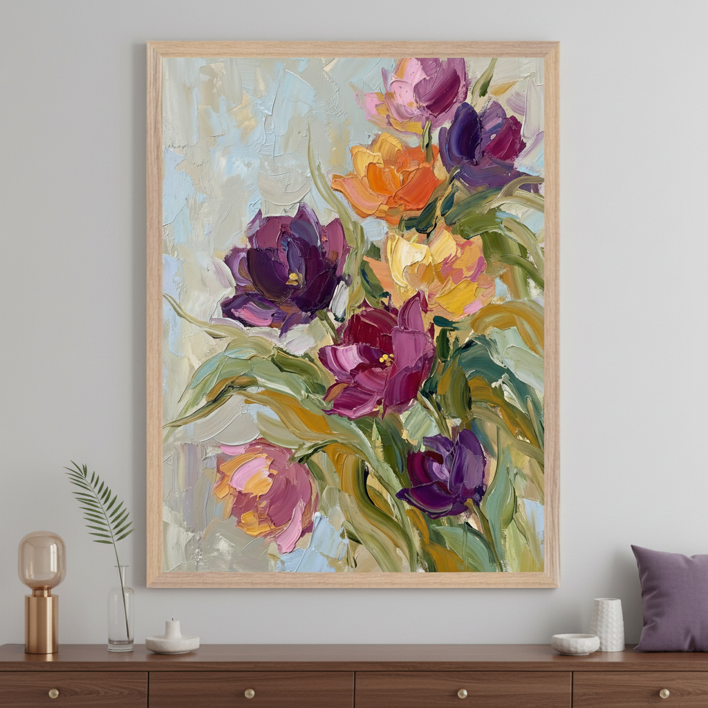 Modern living room with a dark wood dresser. A large light wood framed impasto painting of vibrant purple, orange, yellow, and pink tulips with green leaves hangs centered above the dresser. A plant and lamp are on the dresser.
