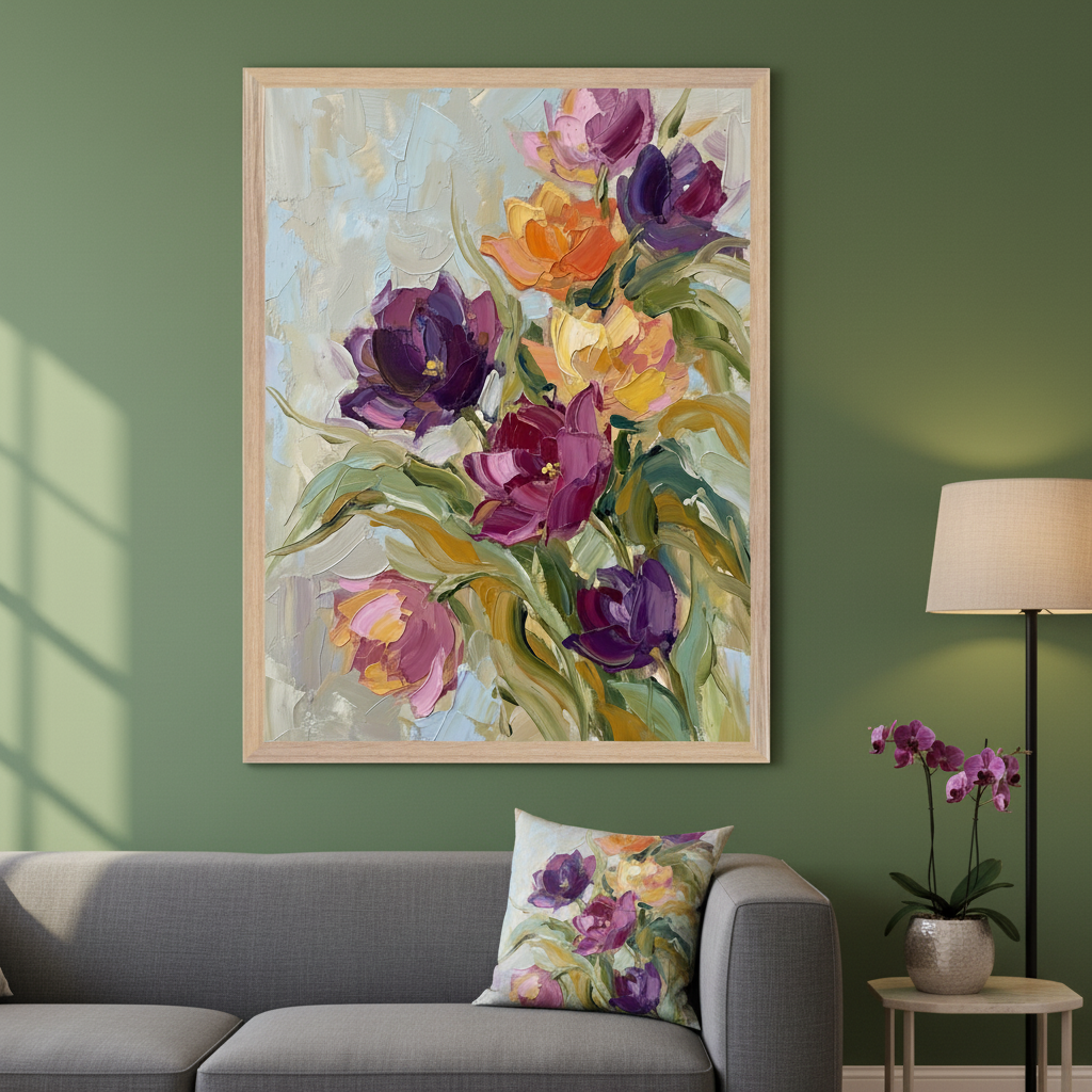 Living room with a sage green wall. A large framed impasto painting of colorful tulips in purple, orange, yellow, and pink hangs above a grey sofa. A matching floral throw pillow is on the sofa. A floor lamp and potted orchid are to the right.