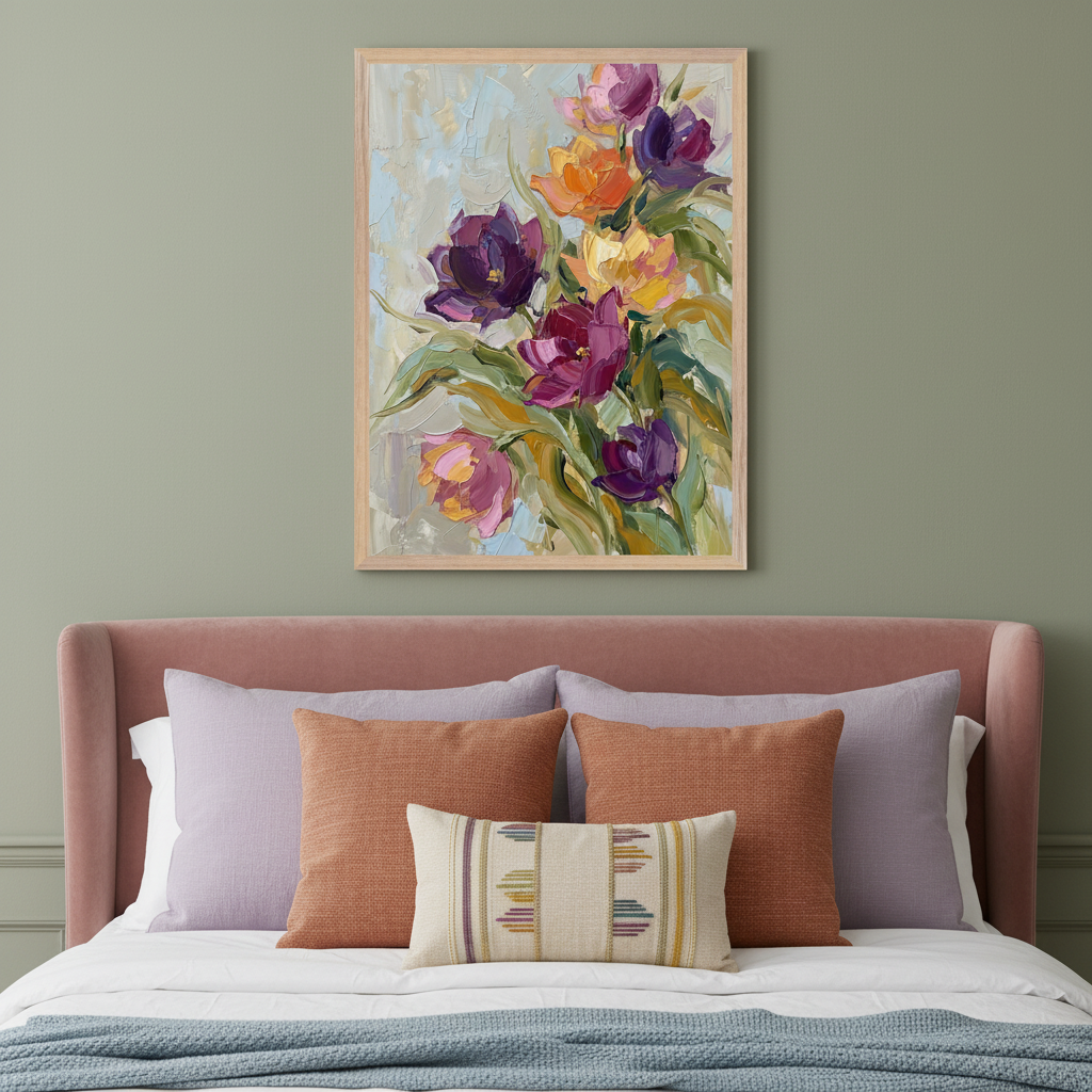 Modern bedroom with a pink velvet bed. A light wood-framed impasto painting of purple, orange, and pink tulips hangs centered above the bed.