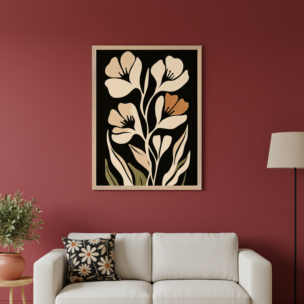Living room with a maroon wall. A framed art print featuring an abstract beige, brown, and green floral design on a black background hangs centered above a white sofa. A potted plant is on a side table, and a floor lamp is visible.