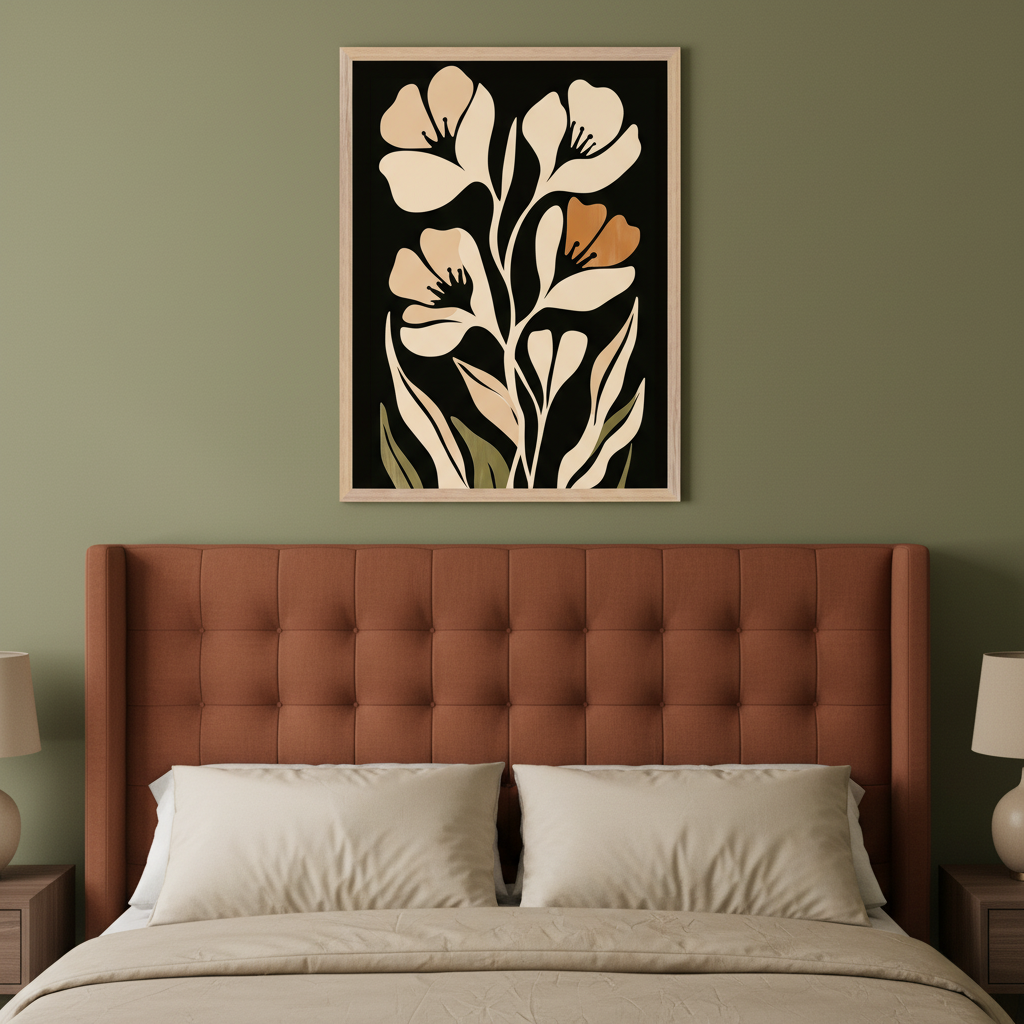 Modern bedroom with a rust-colored tufted bed against a sage green wall. A large framed abstract floral art print featuring creamy white and rust-colored flowers on a black background hangs centered above the bed. Beige bedding and two nightstands with lamps are also visible.