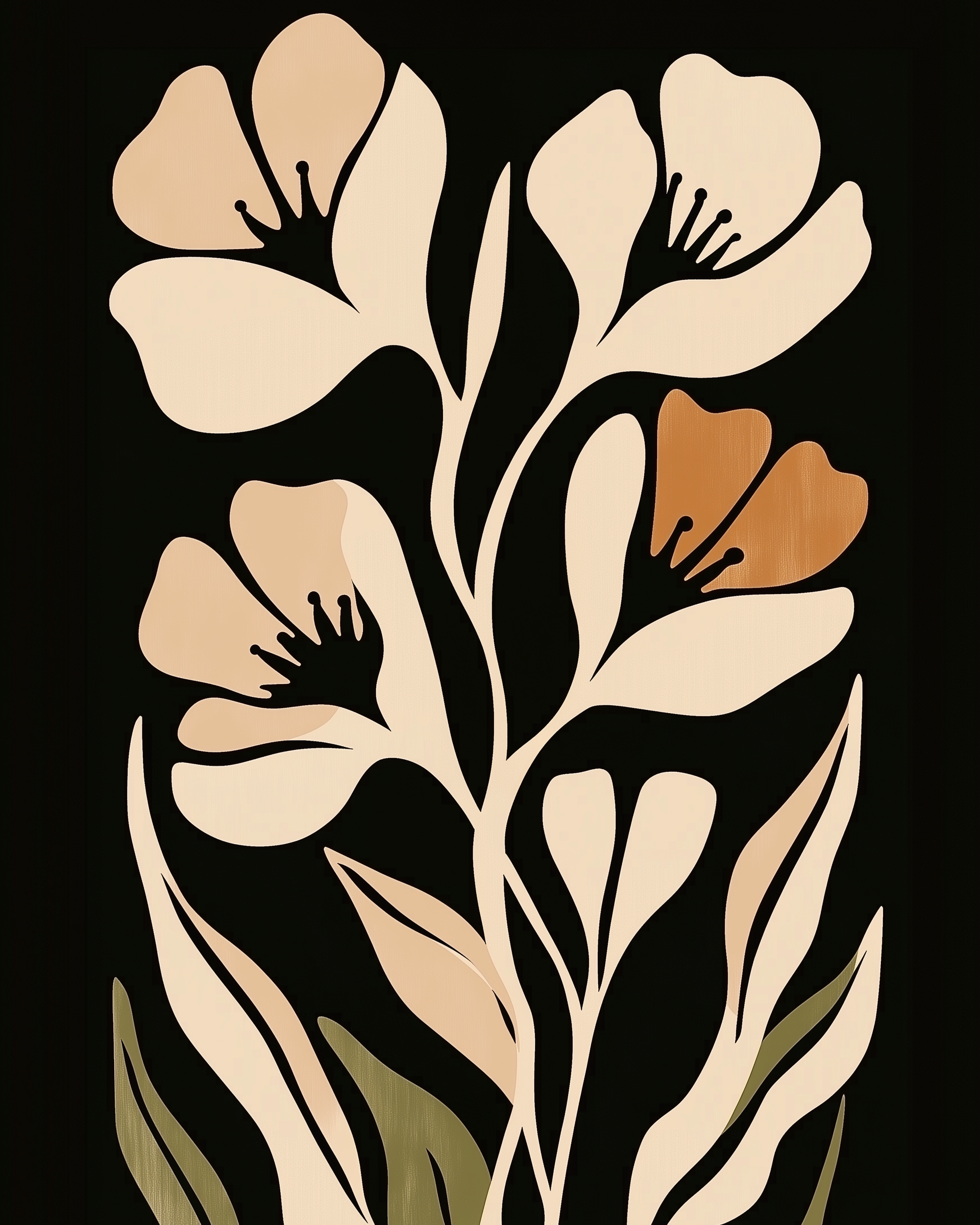 Minimalist floral artwork featuring tan and rust-colored flowers with green leaves on a solid black background.
