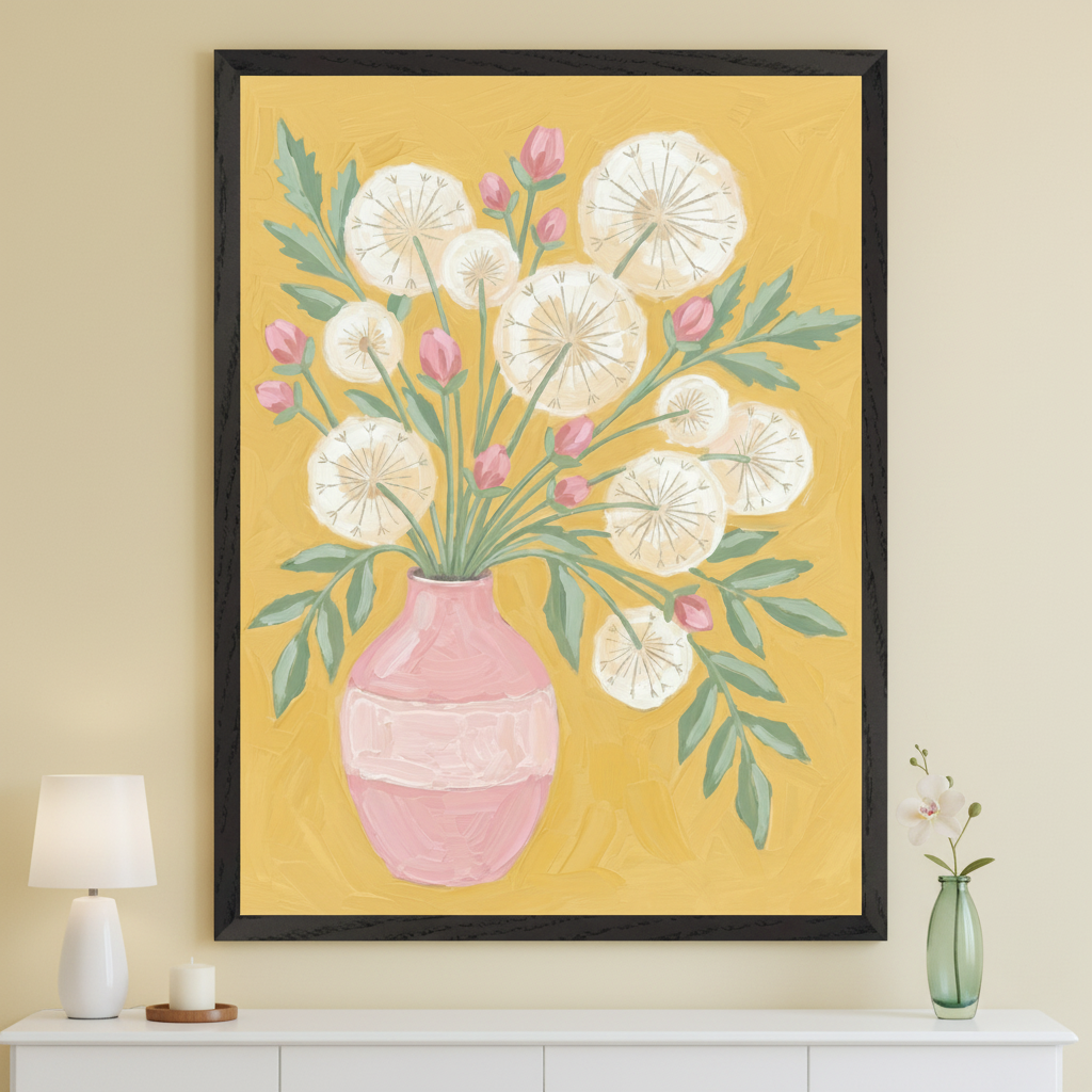 Modern living space with a white console table. A large framed painting of a painterly bouquet of white dandelion flowers, pink buds, and green leaves in a pink vase on a yellow background hangs centered above the console. A white lamp and candle are on the left, a small orchid in a green vase on the right.