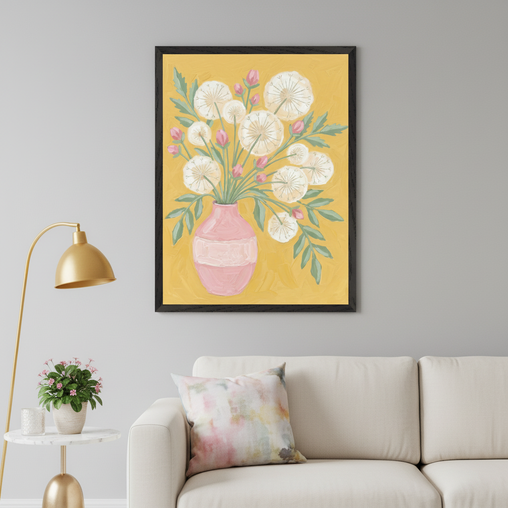Living room featuring a cream sofa. A framed painting of white, round flowers with pink buds and green leaves in a pink vase, against a yellow background, hangs above the sofa on a gray wall.