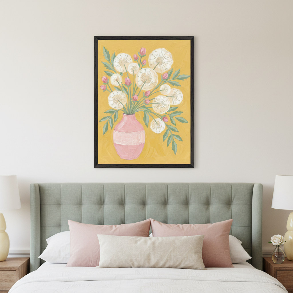 Modern bedroom with a sage green tufted headboard bed and pink pillows. A framed painting of white dandelion-like flowers and pink buds in a pink vase on a yellow background hangs centered above the bed.
