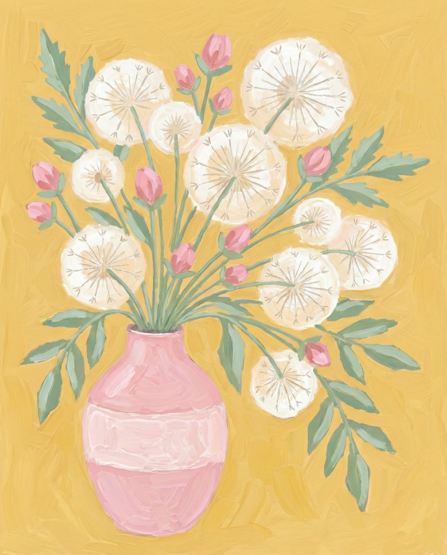 Playful illustration of white dandelion puffballs and pink flower buds in a pink vase with green leaves, set against a warm mustard-yellow background that adds a cheerful and whimsical vibe to any room.
