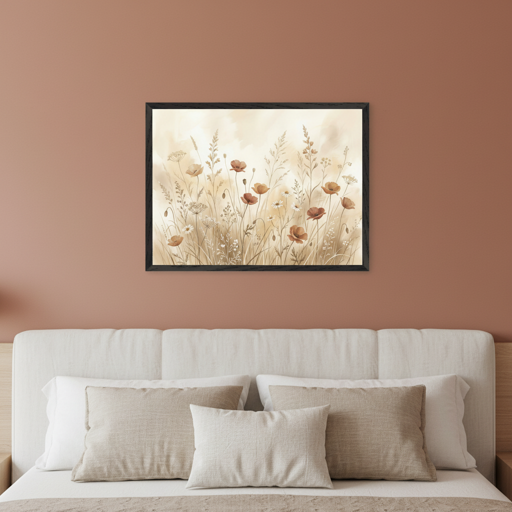 Adult bedroom with a white upholstered bed and headboard. A framed painting of a field with muted poppies, grasses, and white flowers in a soft, watercolor style hangs centered above the bed.