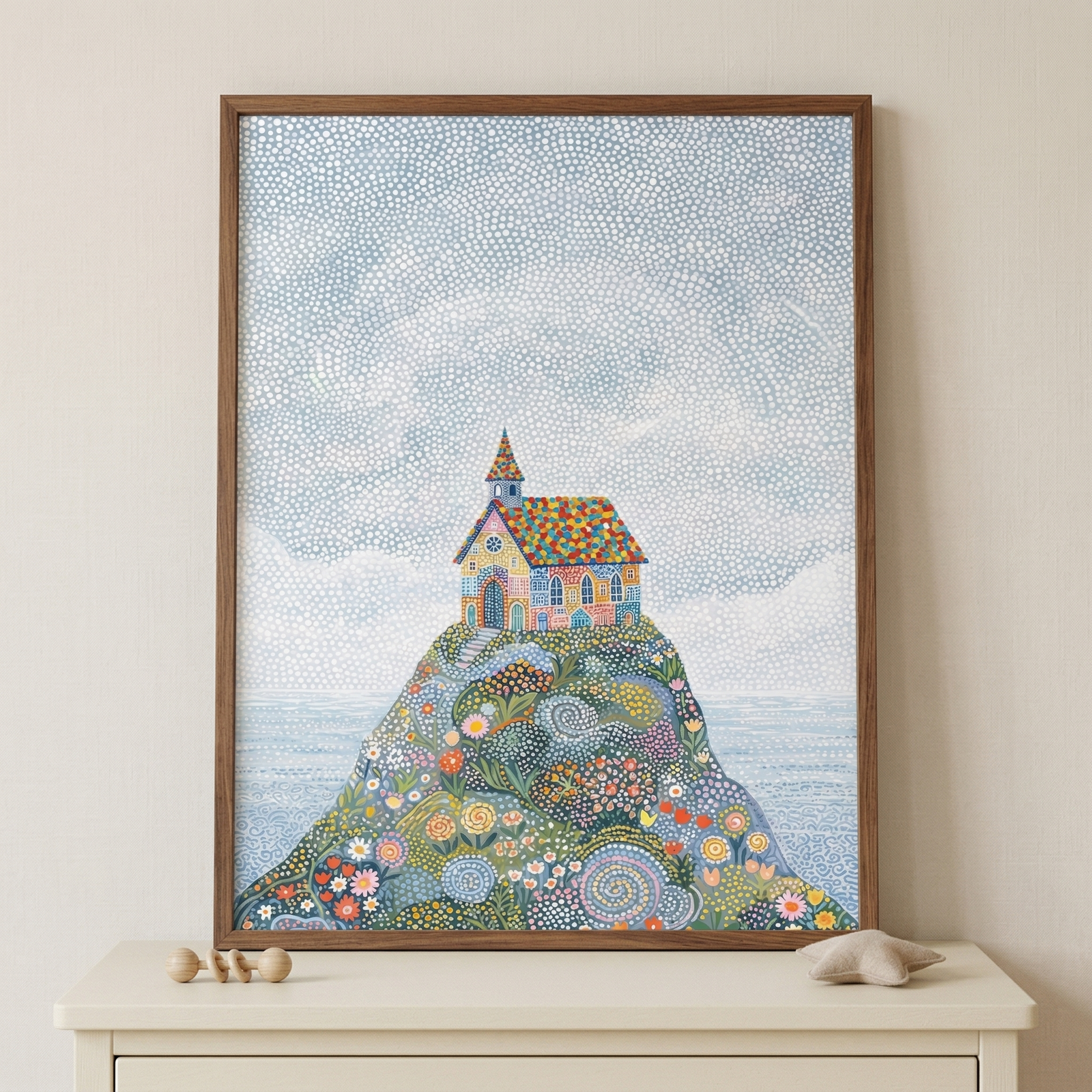A whimsical piece of framed artwork sits on a light-colored wooden dresser against a plain, neutral wall. The central illustration depicts a vibrant, multi-colored building with a steeple, reminiscent of a small chapel or fairytale cottage, perched atop a hill. This hill is a dense tapestry of various floral patterns and swirling designs in a wide array of bright colors. Behind the hill, a calm blue sea meets a sky filled with a meticulous pattern of small white dots.