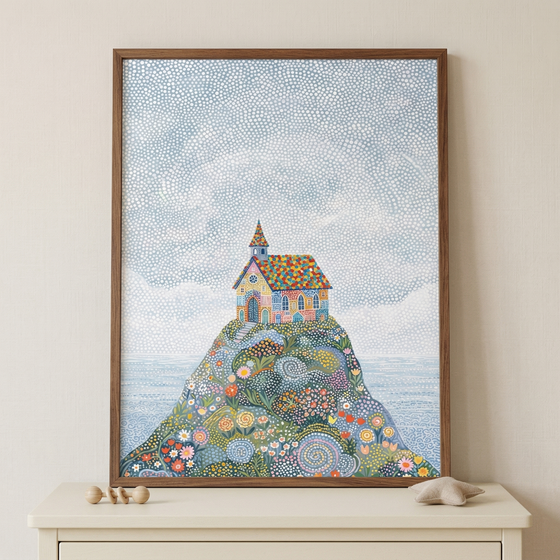 A whimsical piece of framed artwork sits on a light-colored wooden dresser against a plain, neutral wall. The central illustration depicts a vibrant, multi-colored building with a steeple, reminiscent of a small chapel or fairytale cottage, perched atop a hill. This hill is a dense tapestry of various floral patterns and swirling designs in a wide array of bright colors. Behind the hill, a calm blue sea meets a sky filled with a meticulous pattern of small white dots.