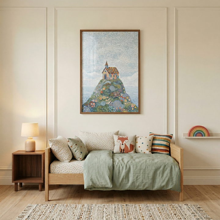 A cozy child's bedroom features a light wood daybed with a sage green duvet and several patterned pillows, including one with a fox illustration. Above the bed hangs a large framed artwork depicting a small house on a flower-covered hill overlooking the sea. To the left is a wooden nightstand with a lamp, and to the right, a wall shelf holds a wooden rainbow toy. The room has neutral-toned walls with molding and a textured rug on a light wood floor.