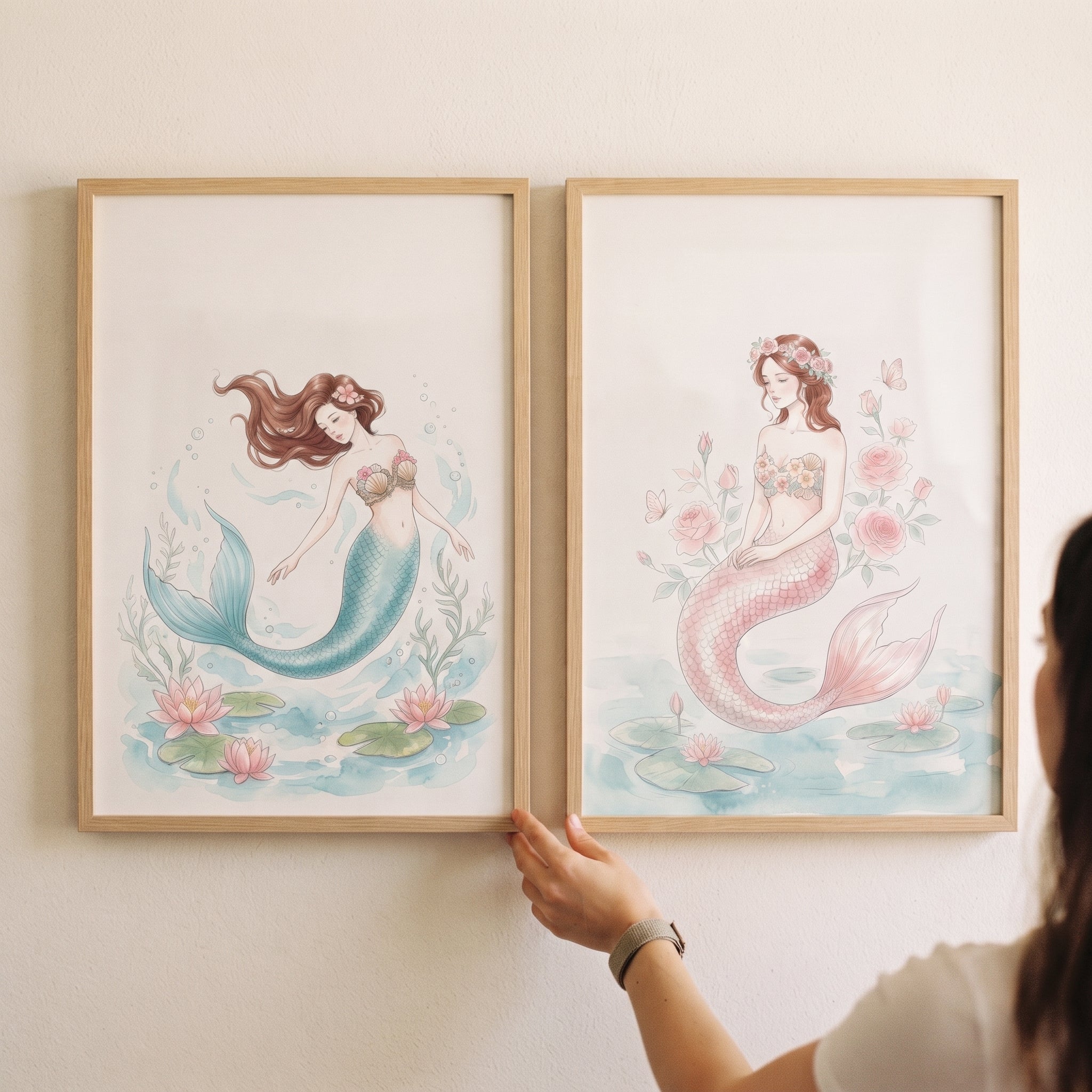 Flowing Auburn Hair Mermaid Wall Art Set of 2 - Floral Mermaid Duo