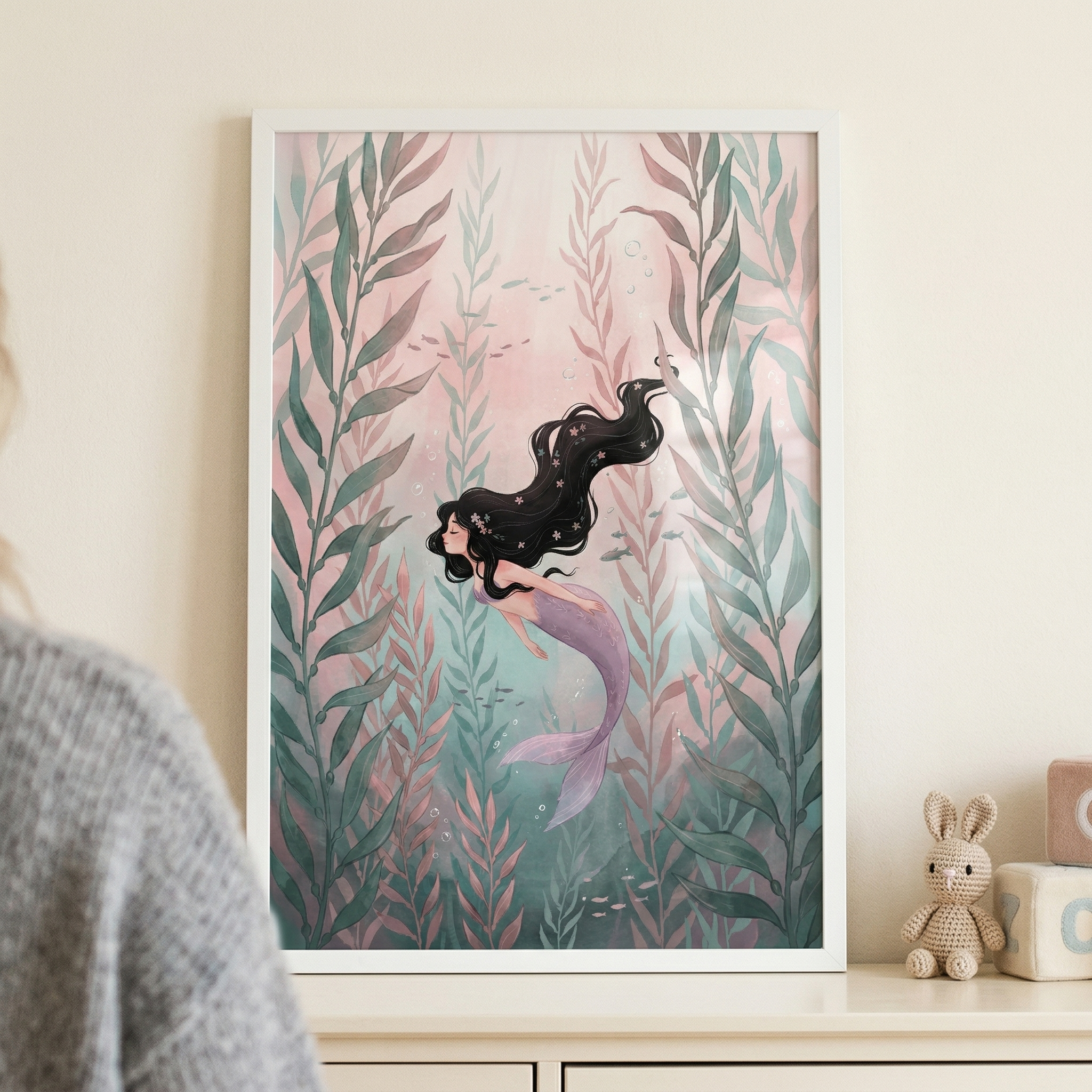 Flowing Black Hair Mermaid Wall Art - Ethereal Sea Maiden