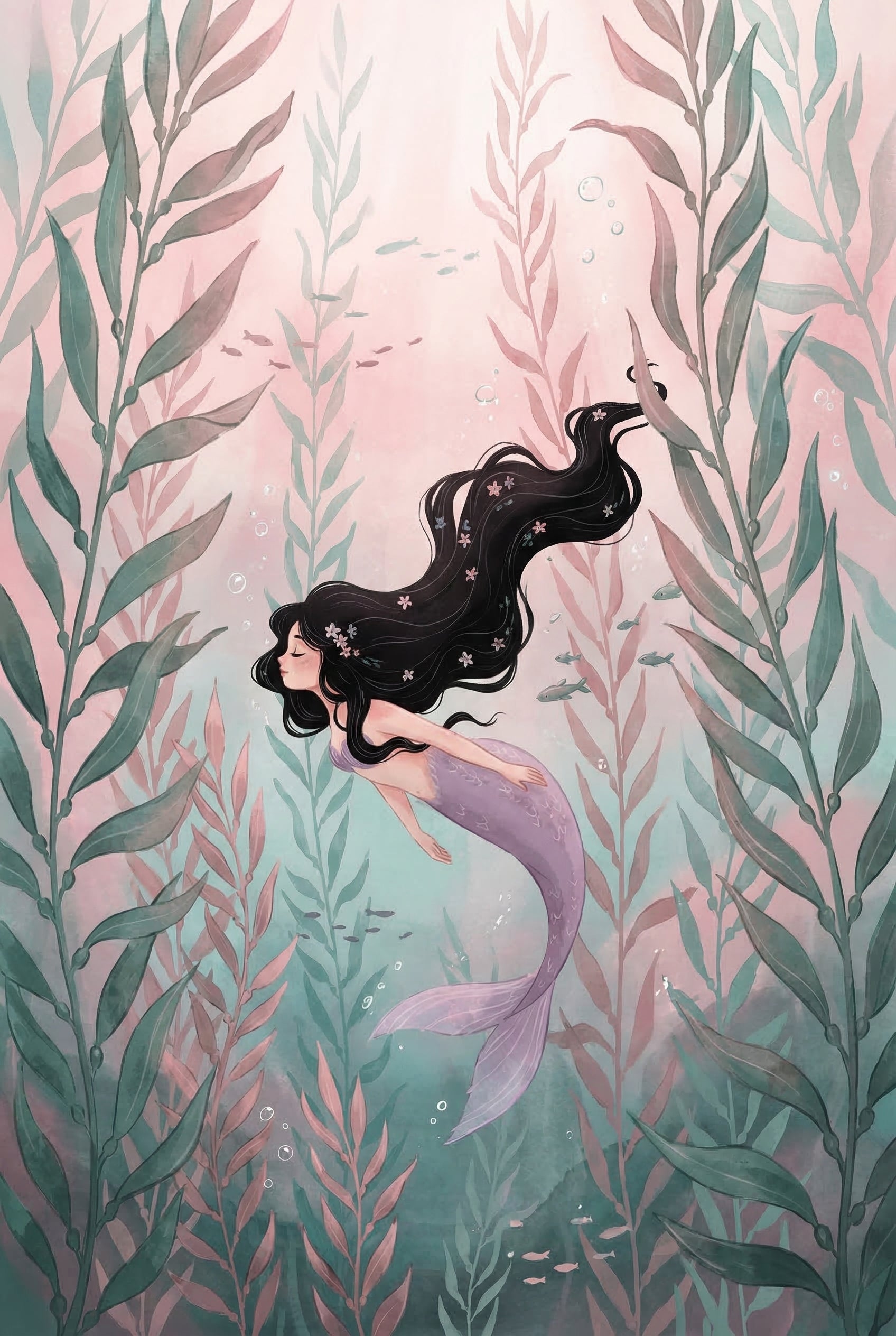 Flowing Black Hair Mermaid Wall Art - Ethereal Sea Maiden