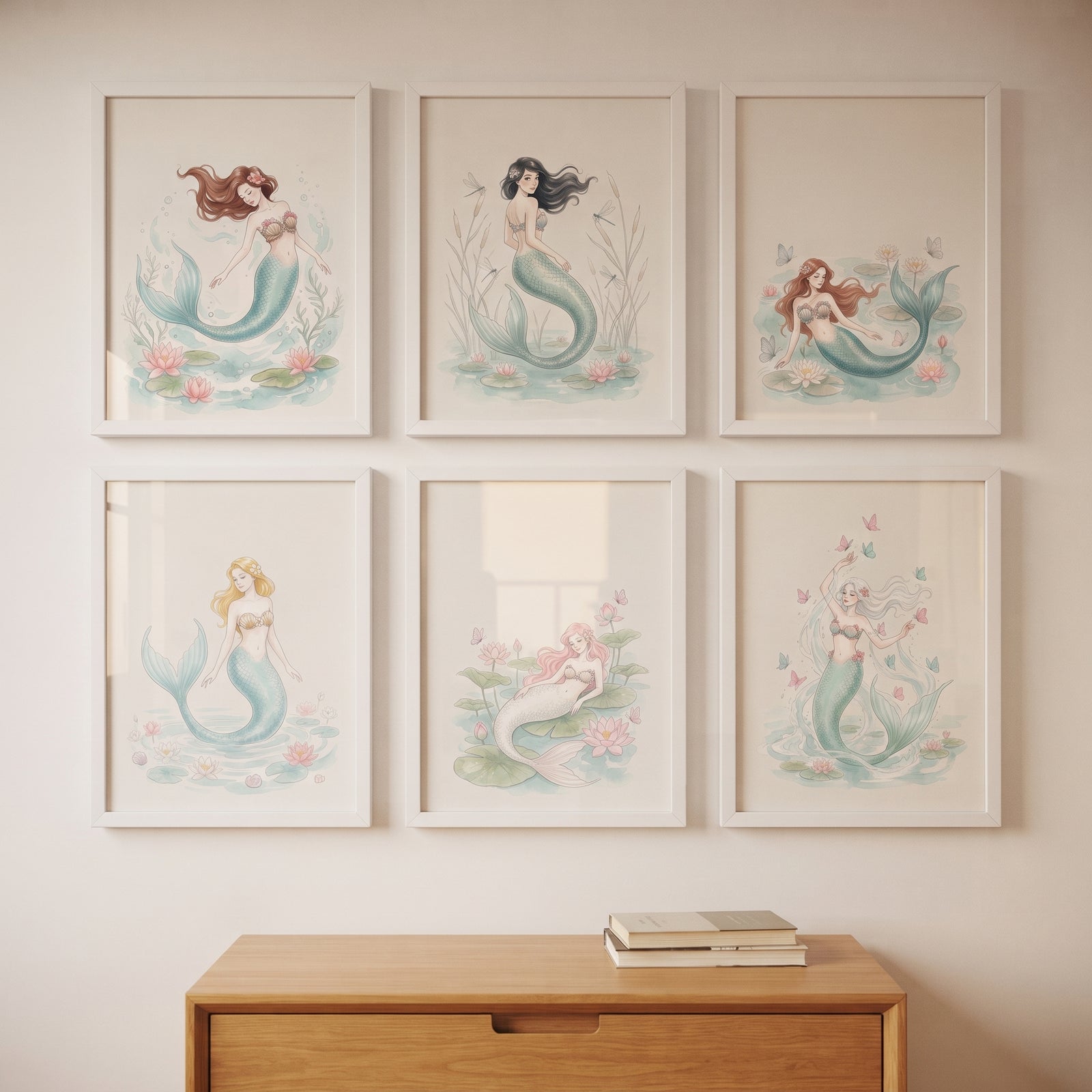 Flowing hair mermaid wall art set of 6 features soft mermaid illustrations in white frames above a wooden dresser.