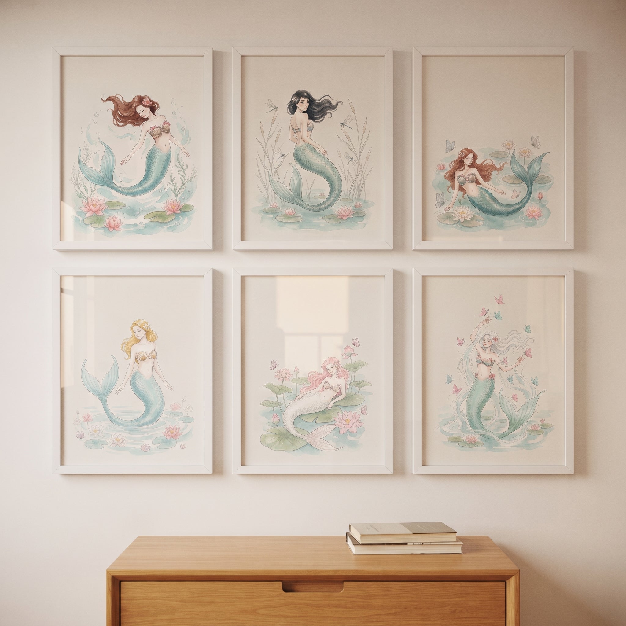 Flowing Hair Mermaid Wall Art Set of 6 - Ethereal Sea Maidens
