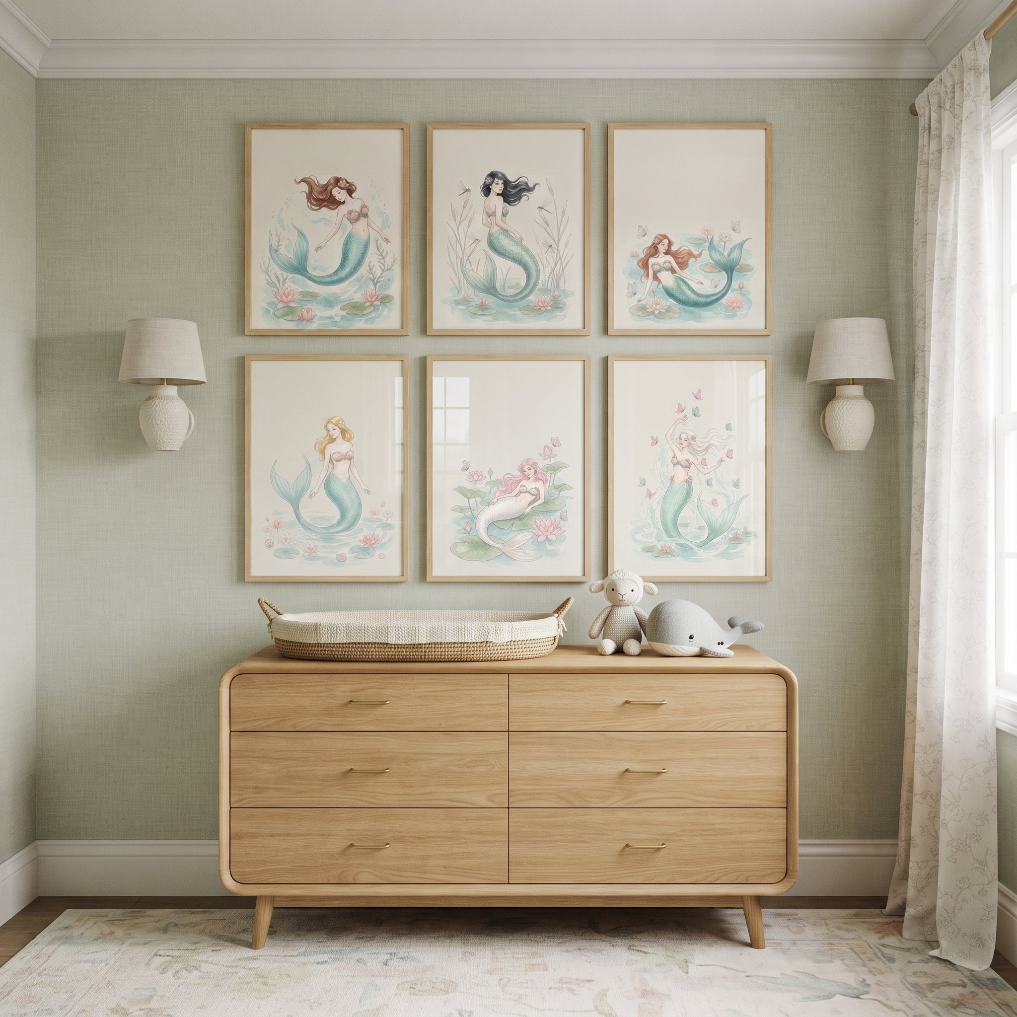 Flowing Hair Mermaid Wall Art Set of 6 - Ethereal Sea Maidens