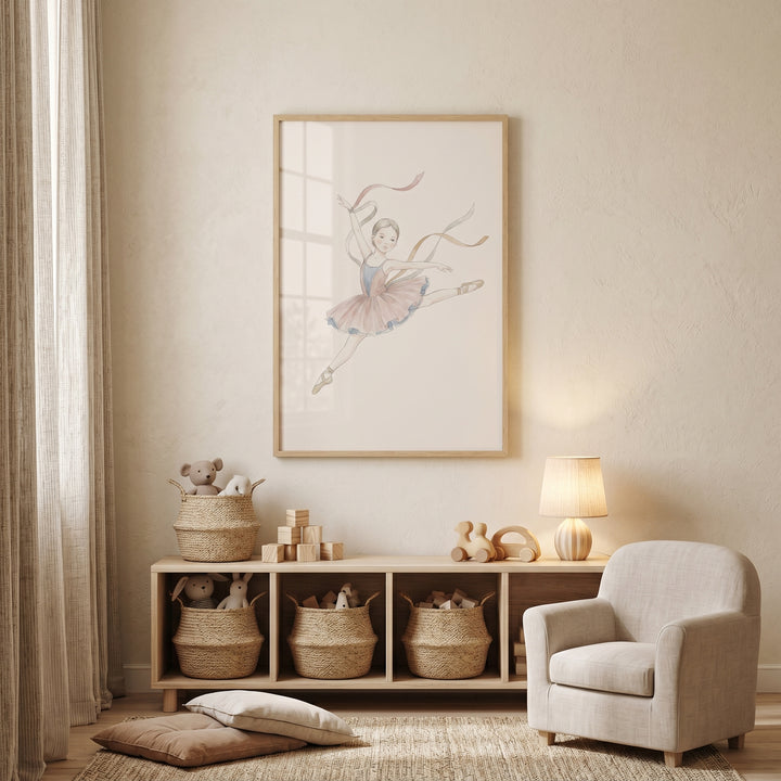 Neutral nursery with an armchair and framed flowing silk ribbon ballerina artwork over a shelf with woven baskets.