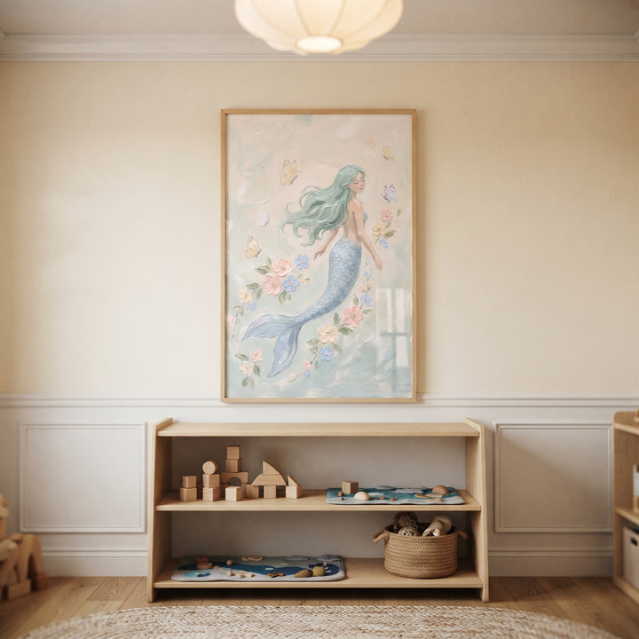 Flowing teal hair mermaid wall art hangs above a light wood toy shelf in a warm, neutral-toned children's room.