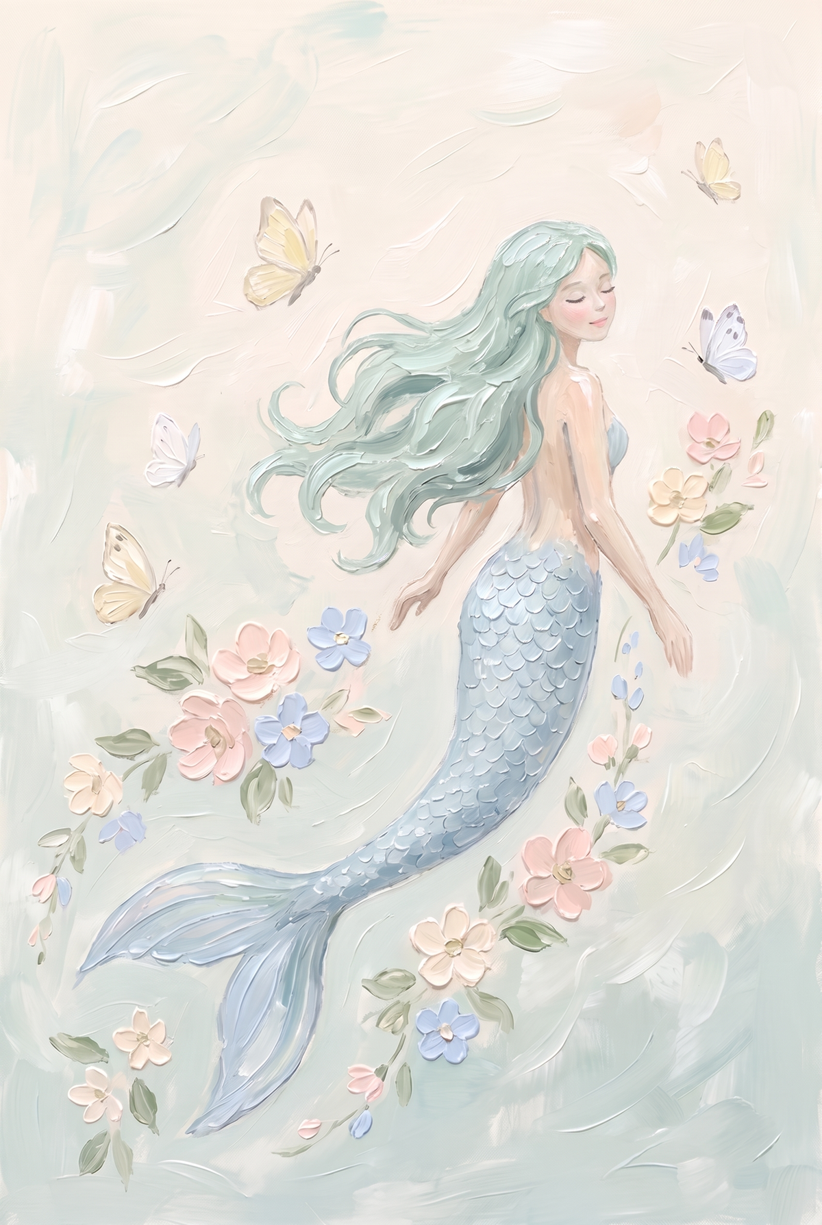 Flowing Teal Hair Mermaid Wall Art - Serene Sea Maiden