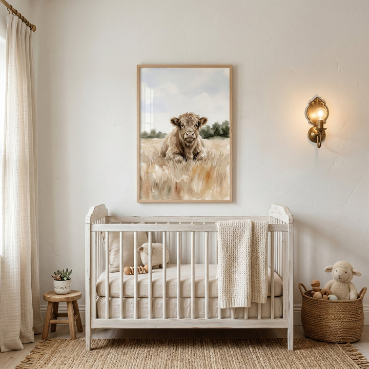 Fluffy baby highland cow wall art hangs above a white wooden crib in a nursery with a woven rug and basket of toys.