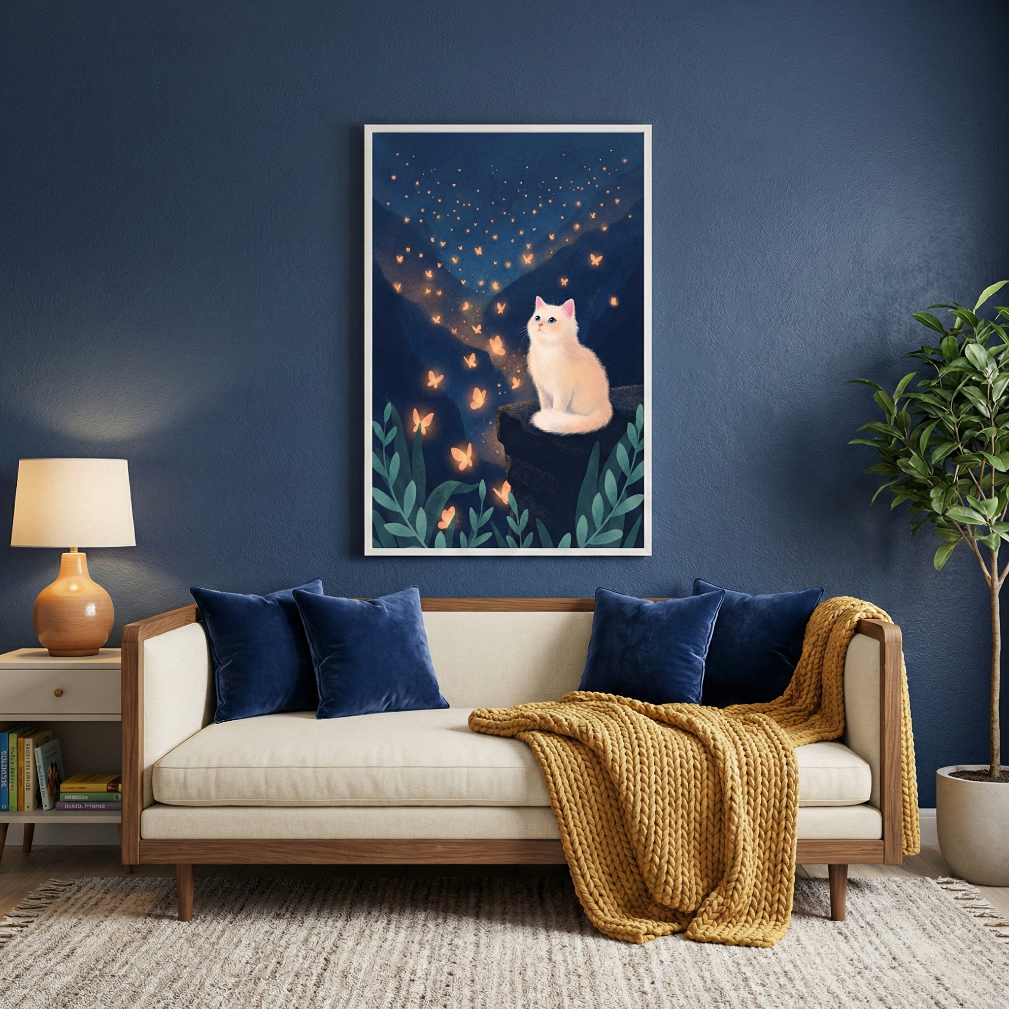 A cozy living room interior with a dark blue wall as a backdrop for a large framed illustration. The illustration depicts a fluffy white cat perched on a dark ledge amidst a swarm of glowing orange butterflies that trail into a starry night sky. Below the frame sits a light-colored sofa with four navy blue pillows and a bulky yellow knit throw blanket. To the left is a small wooden side table with a glowing lamp, and to the right is a tall potted leafy plant. A neutral-toned, textured rug sits on the floor.
