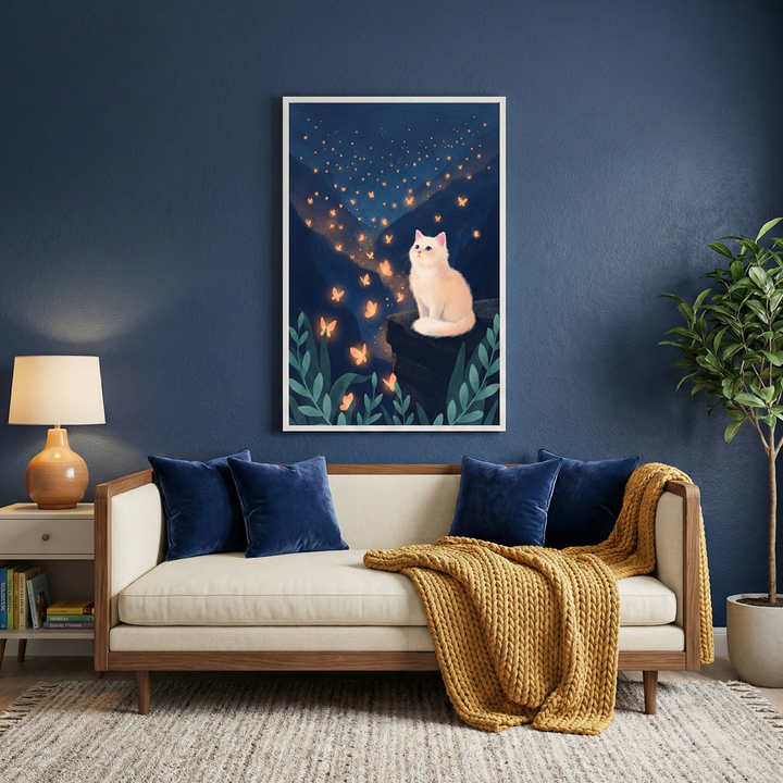 A cozy living room interior with a dark blue wall as a backdrop for a large framed illustration. The illustration depicts a fluffy white cat perched on a dark ledge amidst a swarm of glowing orange butterflies that trail into a starry night sky. Below the frame sits a light-colored sofa with four navy blue pillows and a bulky yellow knit throw blanket. To the left is a small wooden side table with a glowing lamp, and to the right is a tall potted leafy plant. A neutral-toned, textured rug sits on the floor.
