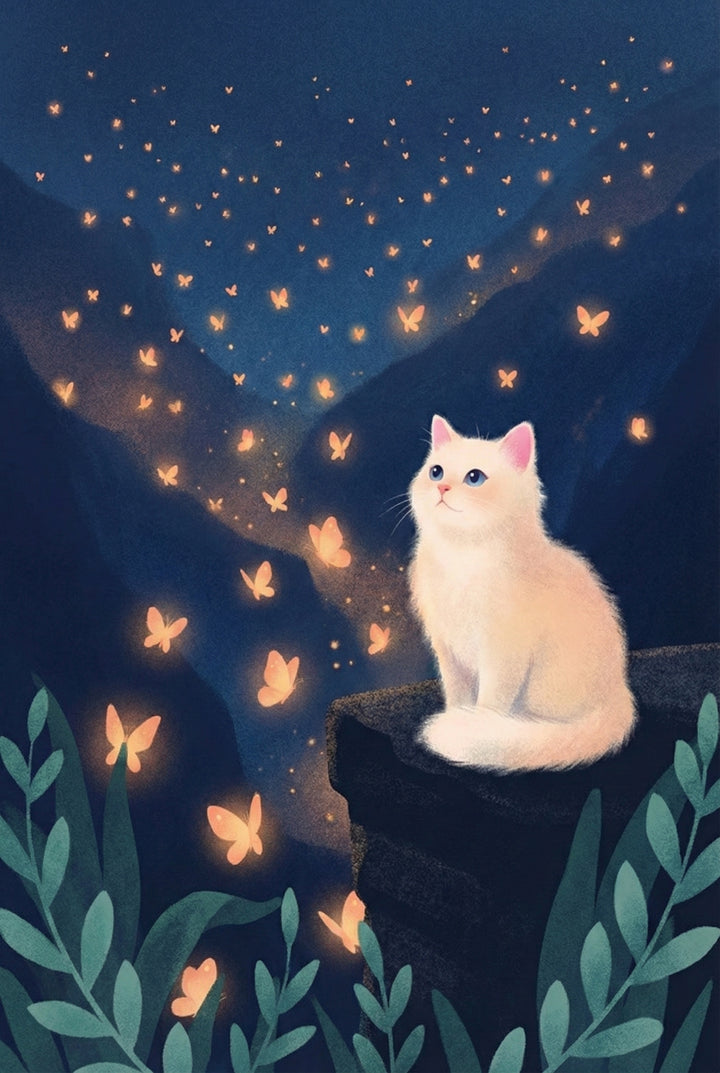 A fluffy white cat with blue eyes sits on a dark ledge, looking up at a swarm of glowing orange butterfly-like shapes. The scene is set at night with a deep blue sky and dark mountain silhouettes in the background. The glowing orange creatures fill the air, casting a soft light on the cat’s fur. Large green leaves frame the bottom foreground. The overall mood is whimsical and serene, featuring ethereal light effects and soft textures.
