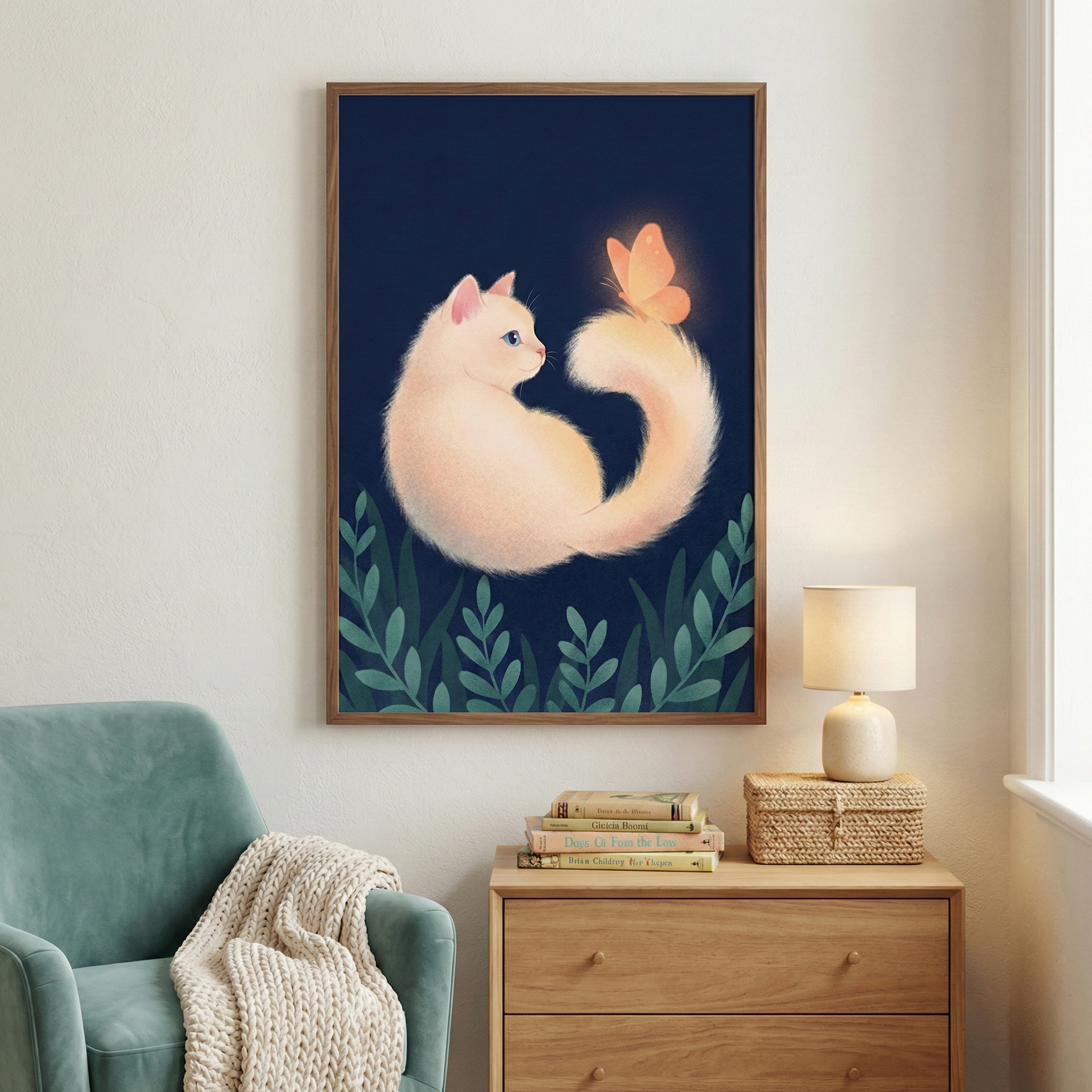 A framed vertical artwork hangs on a light wall in a cozy room. The illustration depicts a soft, fluffy pale pink cat with its back to the viewer, looking over its shoulder. A glowing orange butterfly rests on the tip of its long, curved tail. The background is a deep blue, with stylized green leafy plants at the bottom. Below the frame, a light wood dresser holds books, a small woven chest, and a lit table lamp. A teal armchair with a knitted cream throw is partially visible on the left.