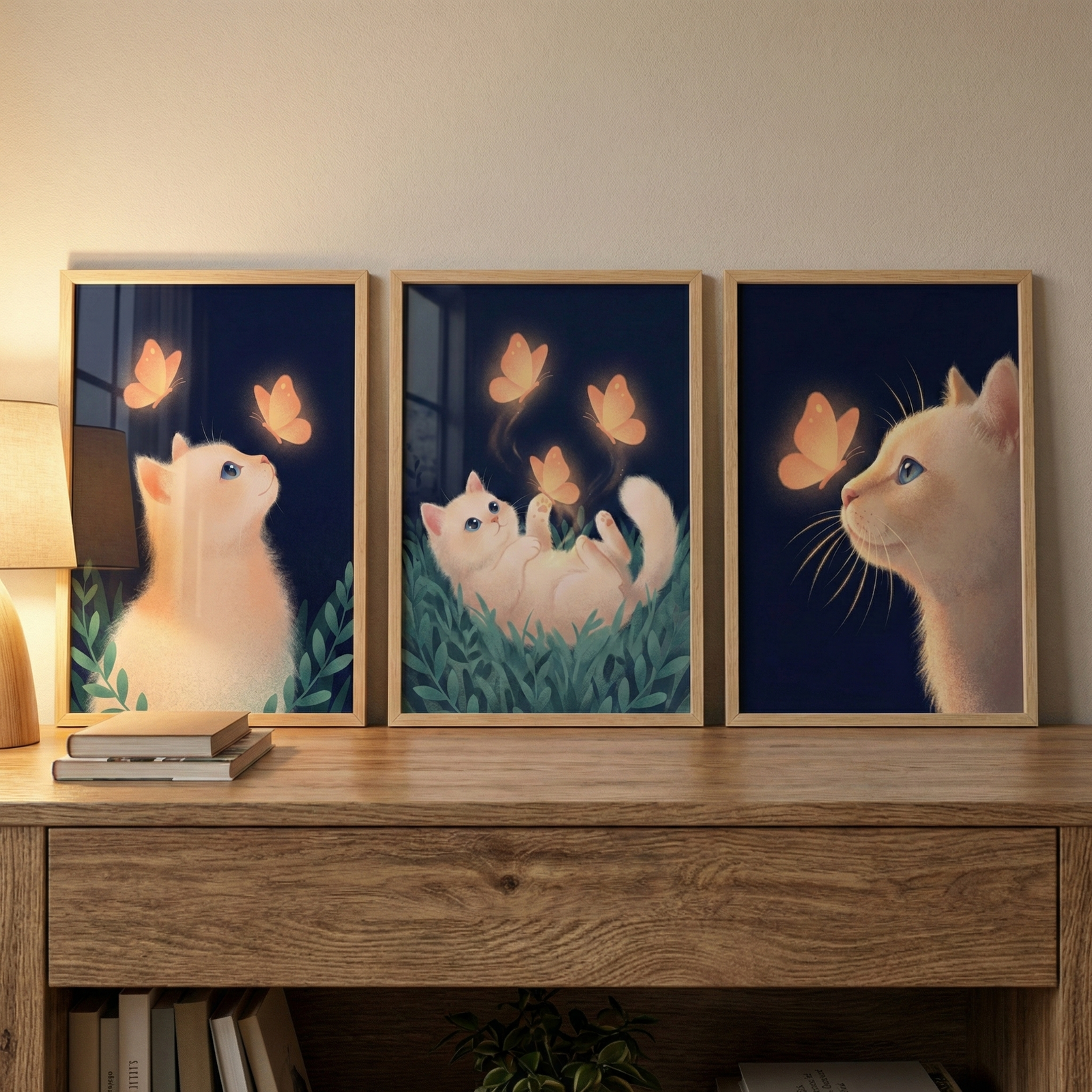 Three vertically oriented, framed art pieces are displayed side-by-side on a light-colored wooden table. Each frame contains a whimsical illustration featuring a soft-furred, cream-colored cat and glowing orange butterflies set against a deep blue background.The illustration on the left shows the cat sitting and looking upwards at two luminous butterflies, with dark green leaves at the bottom. 