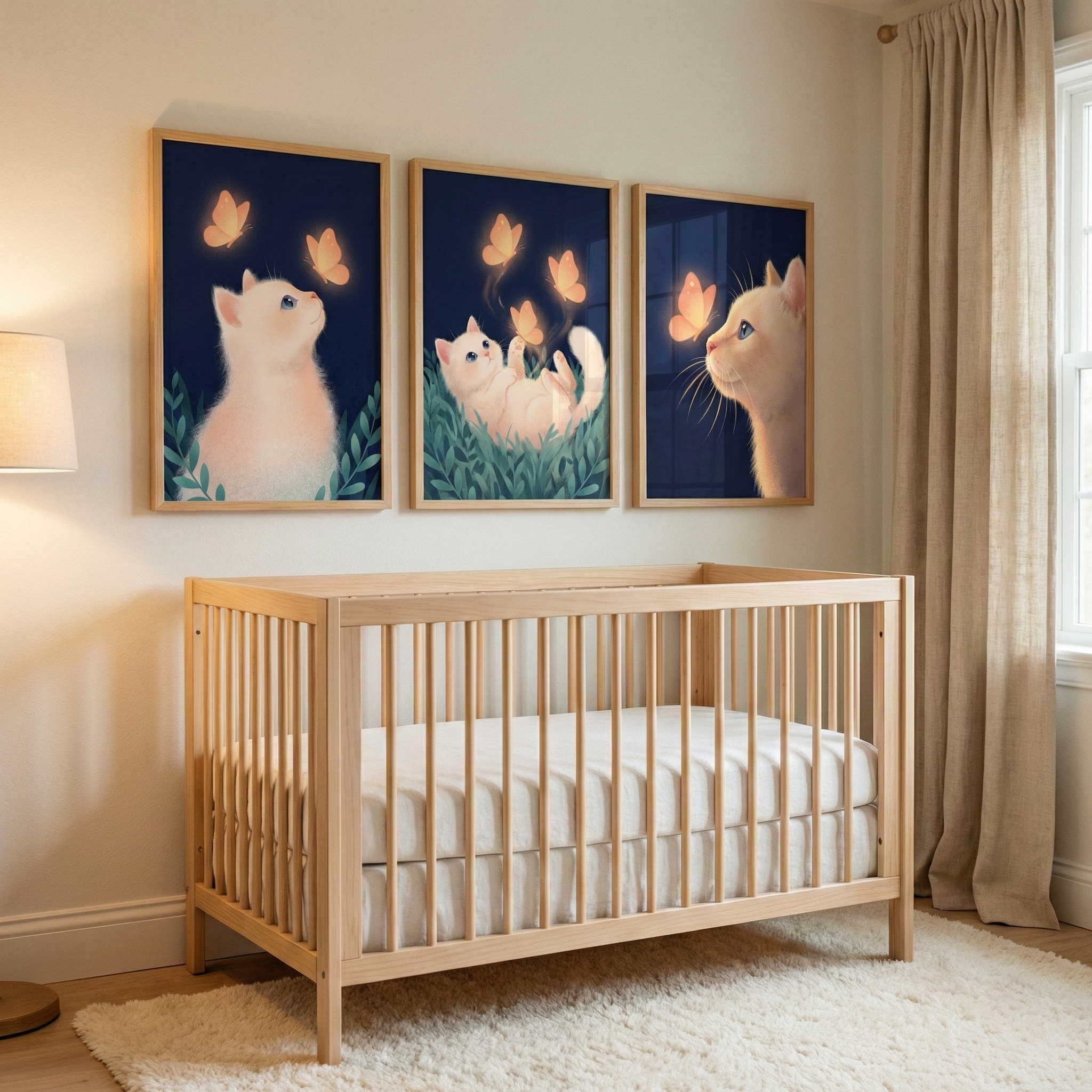 Fluffy Cat Playroom Wall Art Set of 3 - Glowing Butterfly Dreams