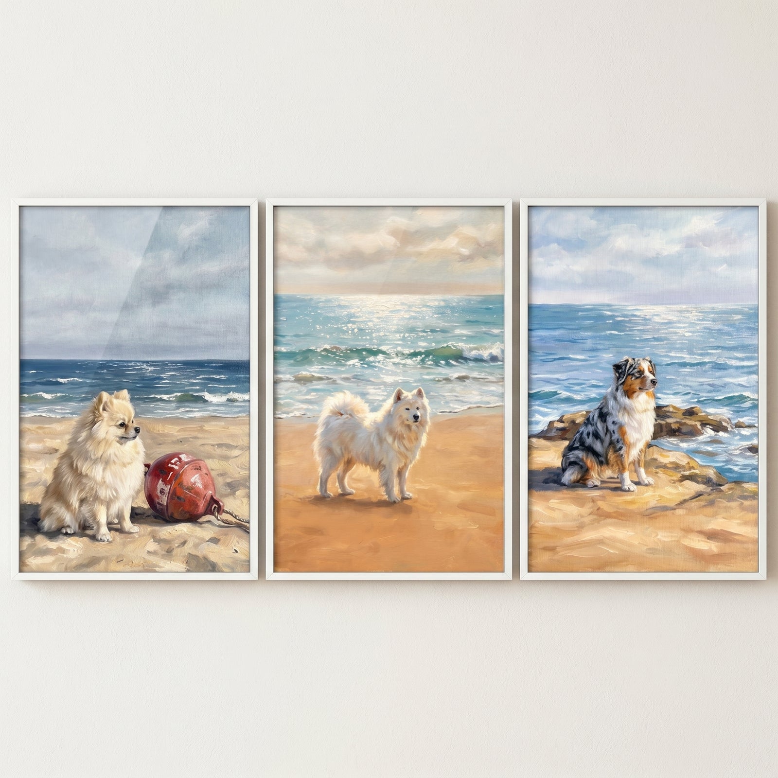Fluffy coastal oceanfront dogs wall art set of 3 depicts three dogs resting on a sunny beach by the blue sea.