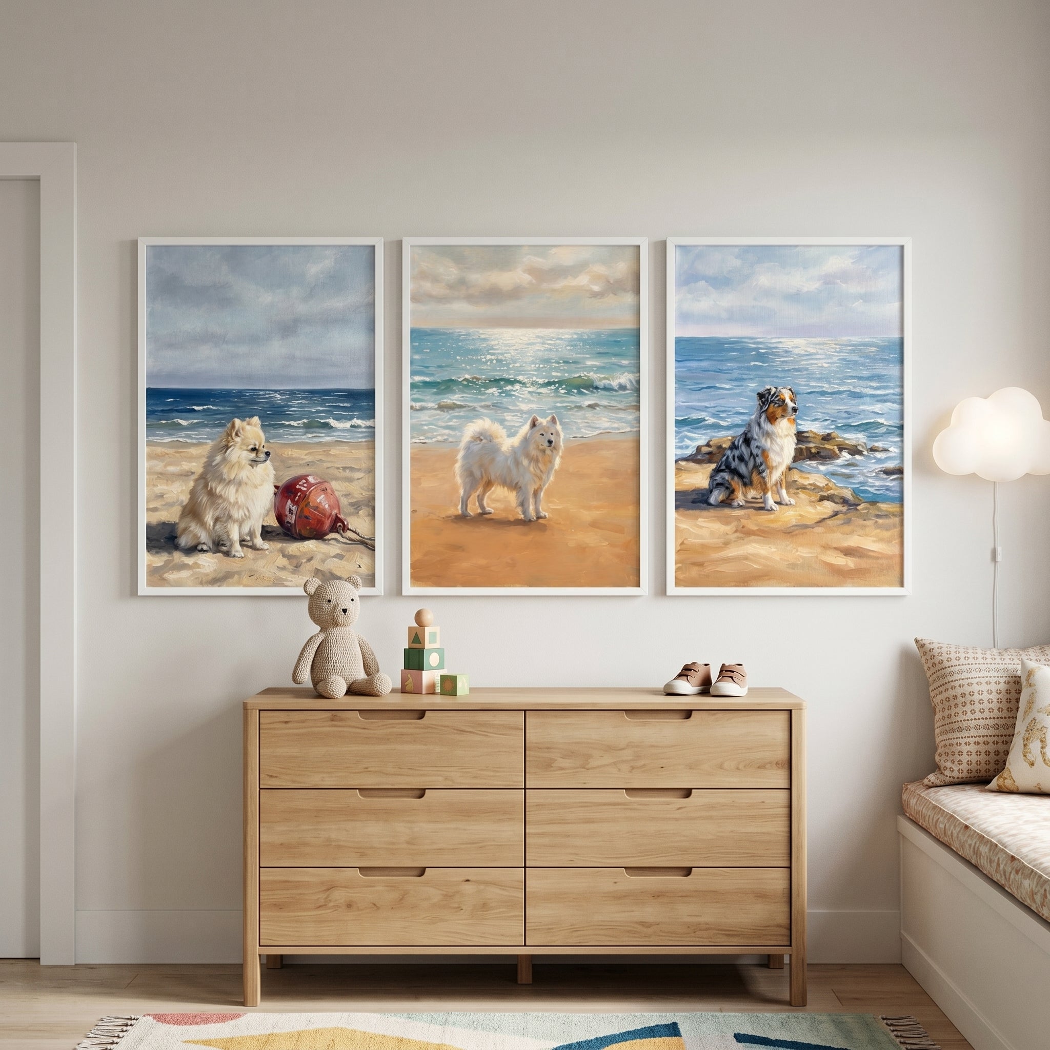 Fluffy Coastal Oceanfront Dogs Wall Art Set of 3 - Sandy Paws Shoreline