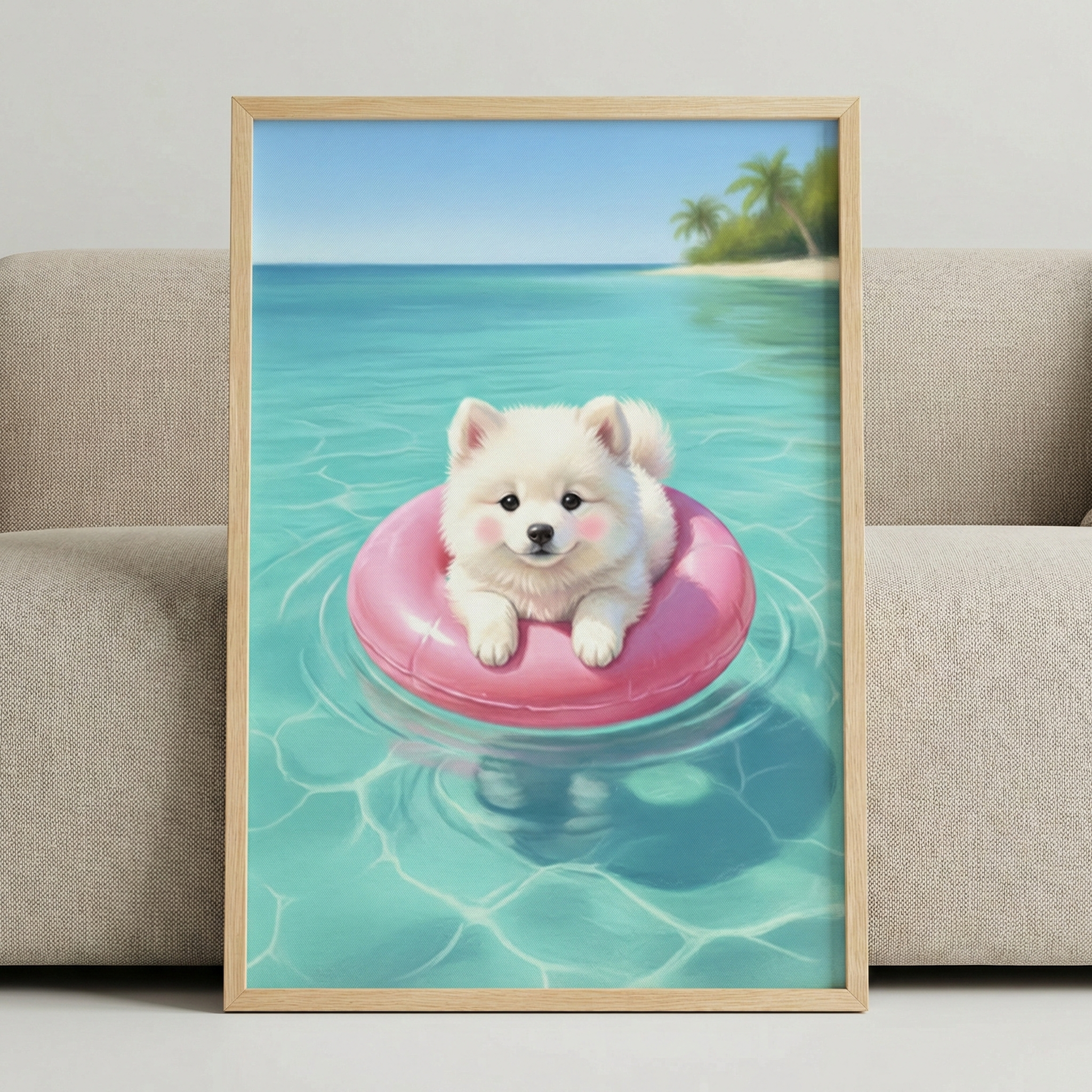 A vertical framed art piece leaning against a light beige couch. The artwork depicts a small, fluffy white puppy with pink cheeks sitting in the center of a bright pink inflatable ring. The puppy is floating on clear, turquoise ocean water. In the distant background, a white sandy beach with green palm trees is visible under a bright blue sky. The water around the pink ring shows gentle ripples and reflections of the puppy and the floatie.