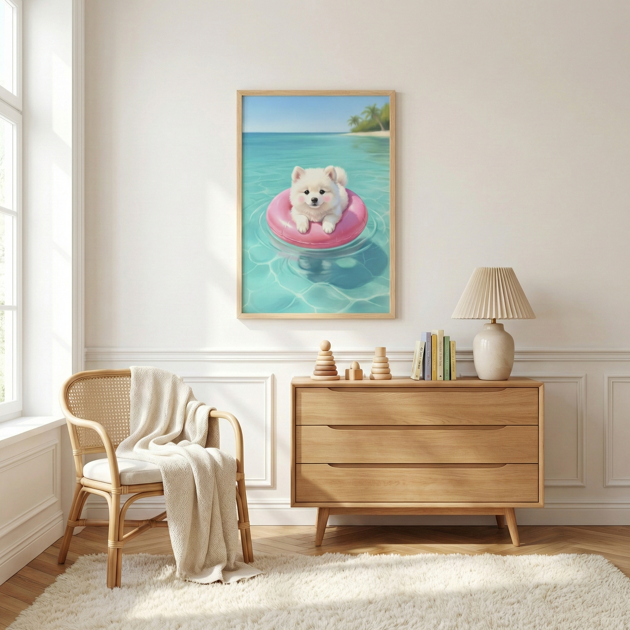 A bright room features a framed artwork on an off-white wall. The artwork shows a small, fluffy white dog in a pink inner tube, floating on clear turquoise water with a tropical beach in the distance. Below is a light-wood dresser with wooden toys, books, and a lamp with a pleated shade. To the left, a rattan chair has a cream-colored throw blanket. A white shaggy rug covers the floor in front of the furniture, and a window with white trim is on the far left.