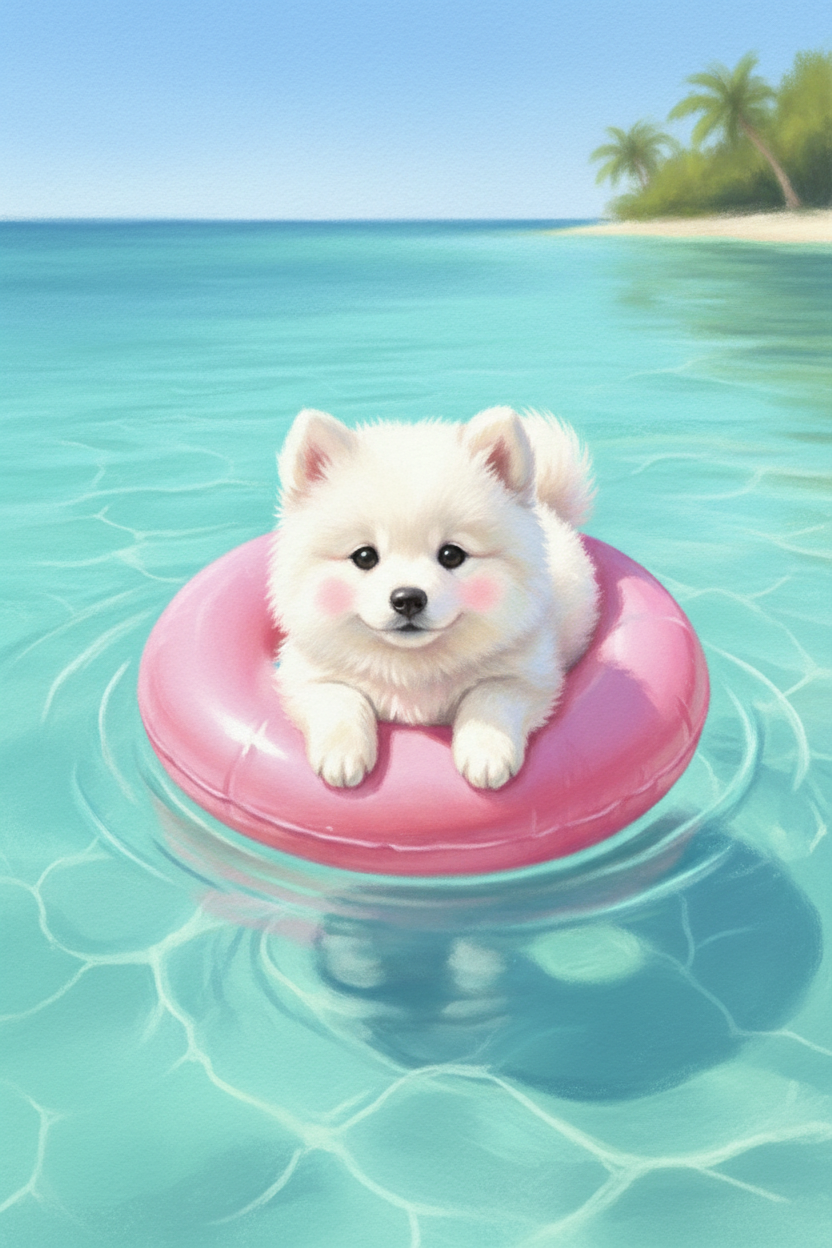 A digital illustration of a small, fluffy white dog with rosy pink cheeks floating in a bright pink inflatable ring. The dog is centered in the frame, resting comfortably on the calm, turquoise water of a tropical ocean. In the background, a sunny beach with white sand and palm trees sits under a clear blue sky. The water around the ring shows soft ripples and shimmering light patterns, with a gentle reflection of the scene visible just below the surface.
