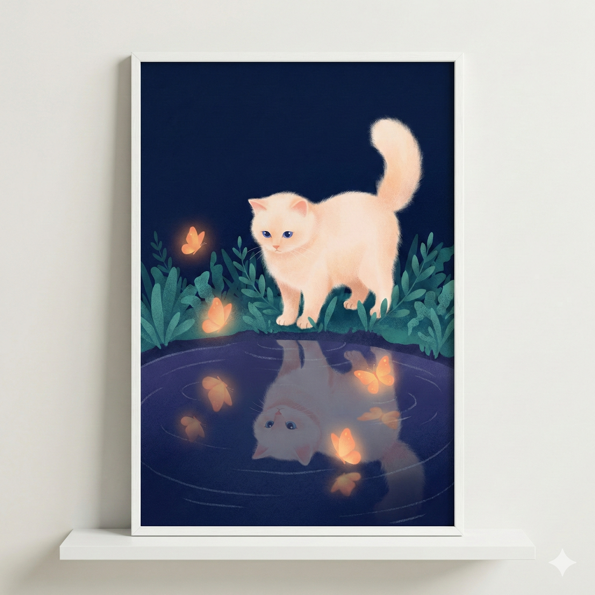 A charming digital illustration of a fluffy, light-peach cat standing on the edge of a dark pond. The cat peers down at its reflection in the still water. Several glowing orange butterflies float in the air around the cat and are reflected in the pond beneath it. Lush green foliage surrounds the water's edge against a deep navy blue night sky. This whimsical artwork is displayed in a white frame, resting on a clean white shelf against a plain wall.