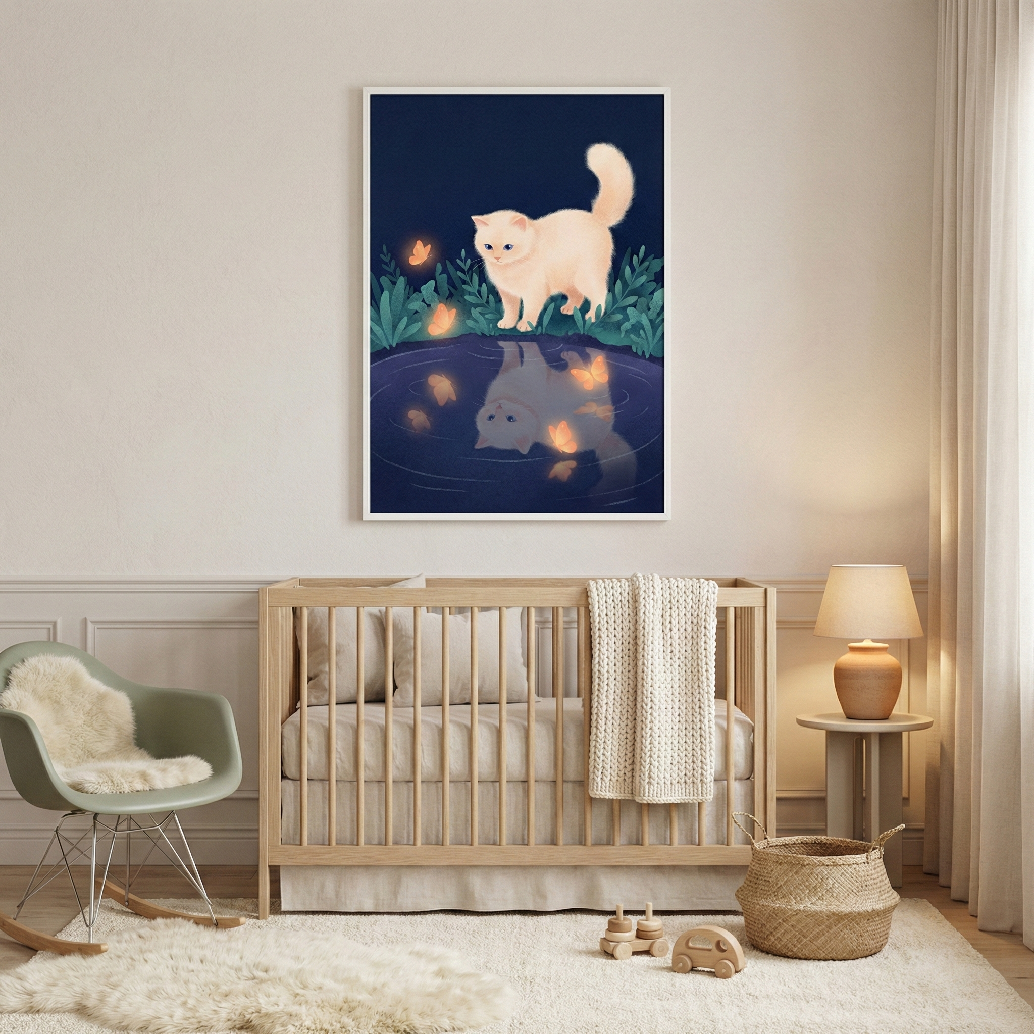 A cozy nursery features a wooden crib with a knitted blanket, a plush rug, and a rocking chair with a fur throw. A soft lamp sits on a side table, and a woven basket is nearby. Above the crib hangs a whimsical illustration of a fluffy white cat by a pond, with its reflection and glowing butterflies in the water.