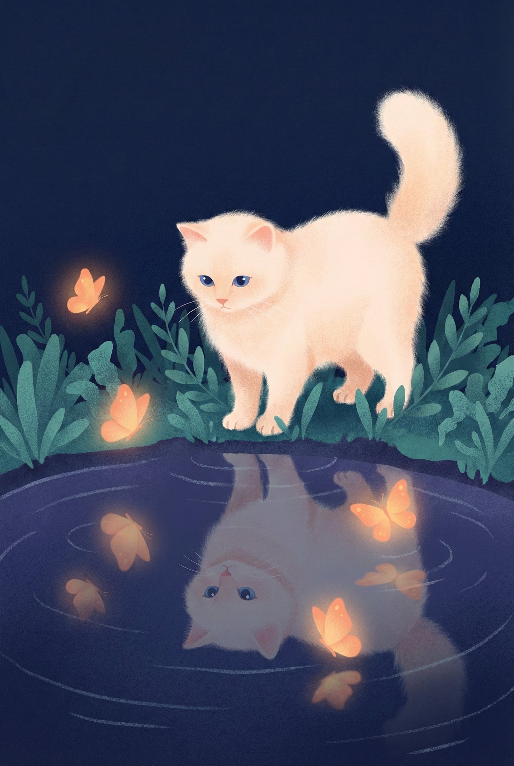 A digital illustration depicts a soft, fluffy cream-colored kitten with blue eyes standing at the edge of a dark pond at night. The kitten peers down into the rippling water, which shows a mirror image of the cat and several glowing orange butterflies. Two more luminous butterflies hover near the kitten above the water's surface. Dark green foliage frames the scene against a deep navy background, creating a serene and magical atmosphere with a soft, textured artistic style.